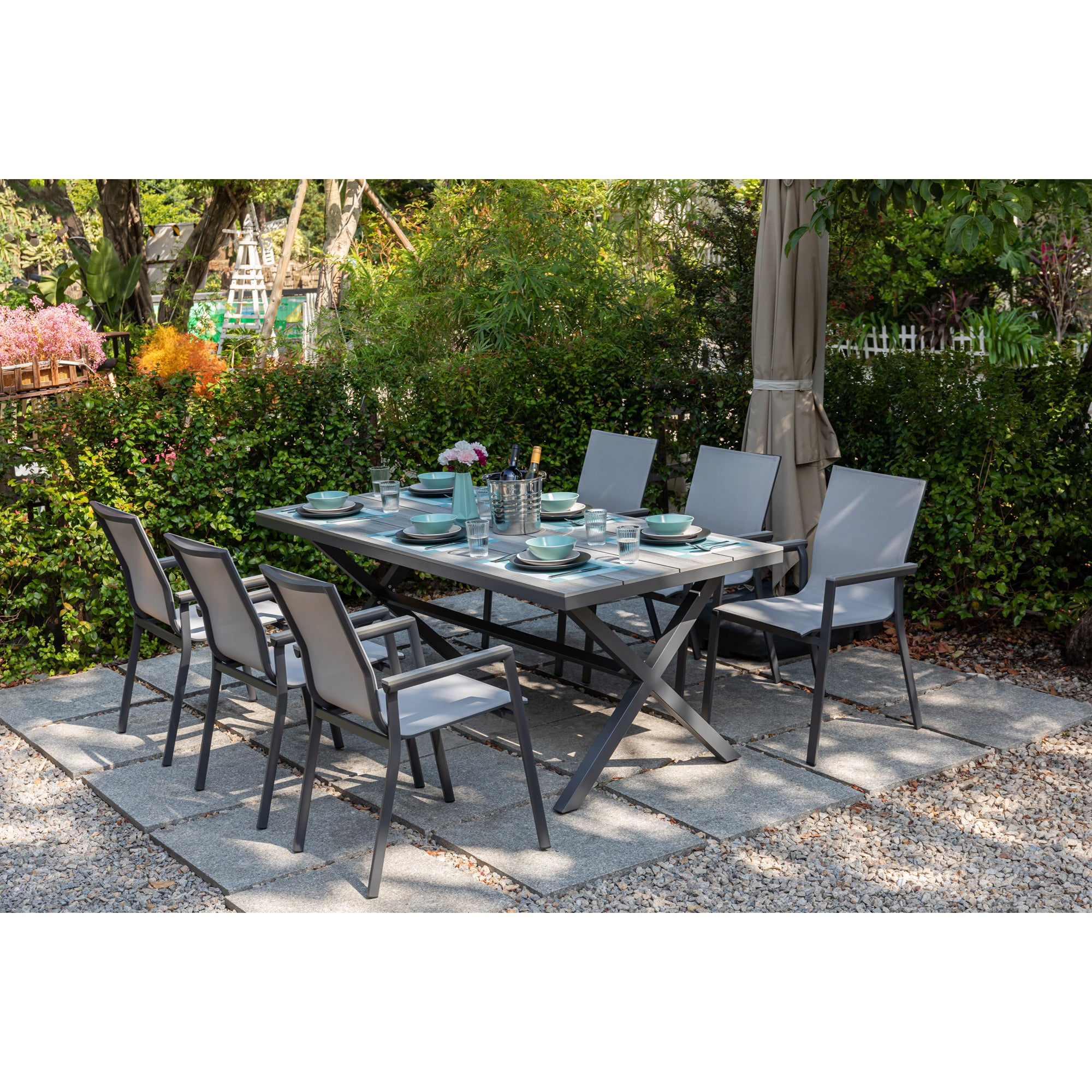 *SO SCHMECKT DER SOMMER!* 7 tlg. Essgruppe Meran shadow grey / Aluminium kombiniert mit Nonwood Royal Grey Look Elementen