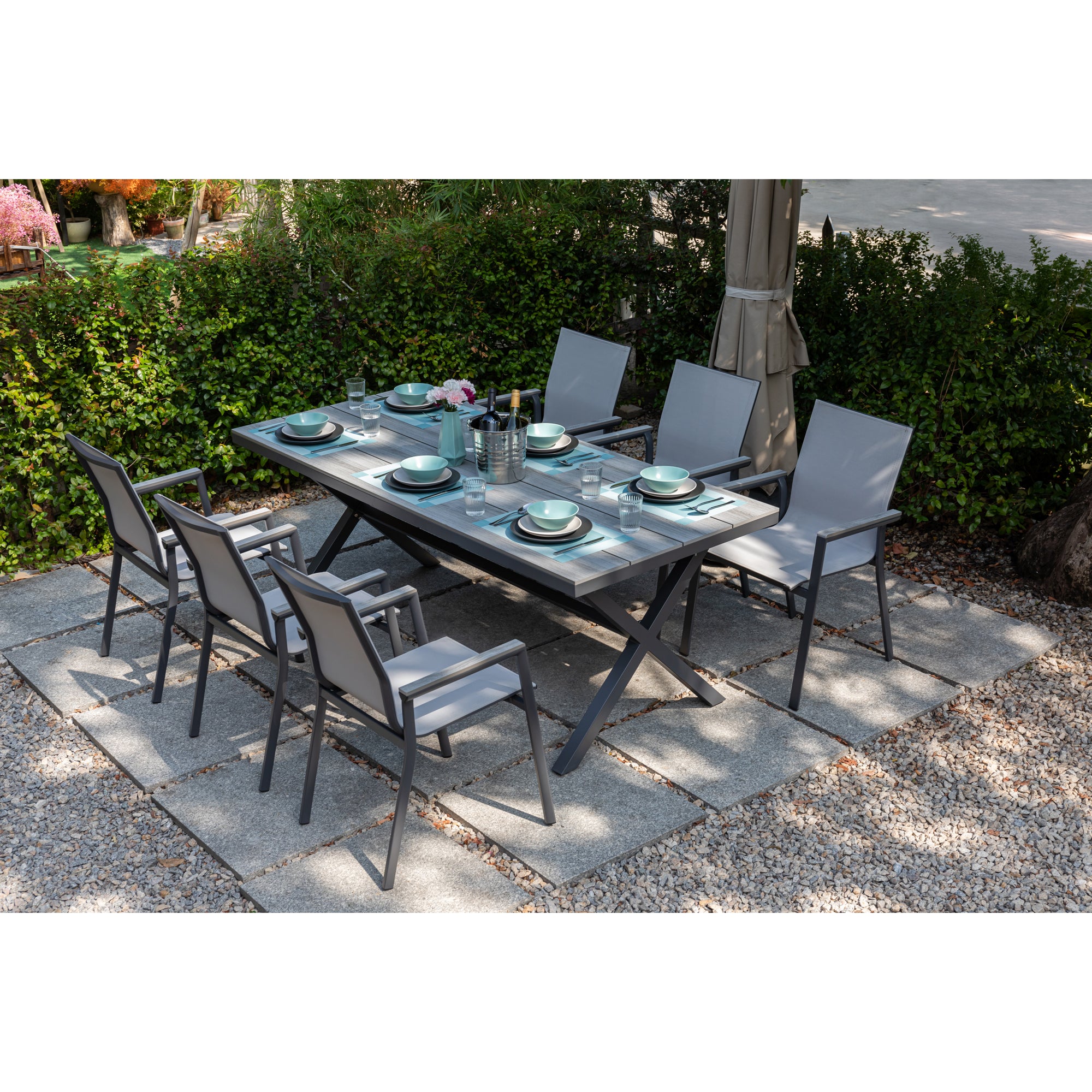 *SO SCHMECKT DER SOMMER!* 7 tlg. Essgruppe Meran shadow grey / Aluminium kombiniert mit Nonwood Royal Grey Look Elementen