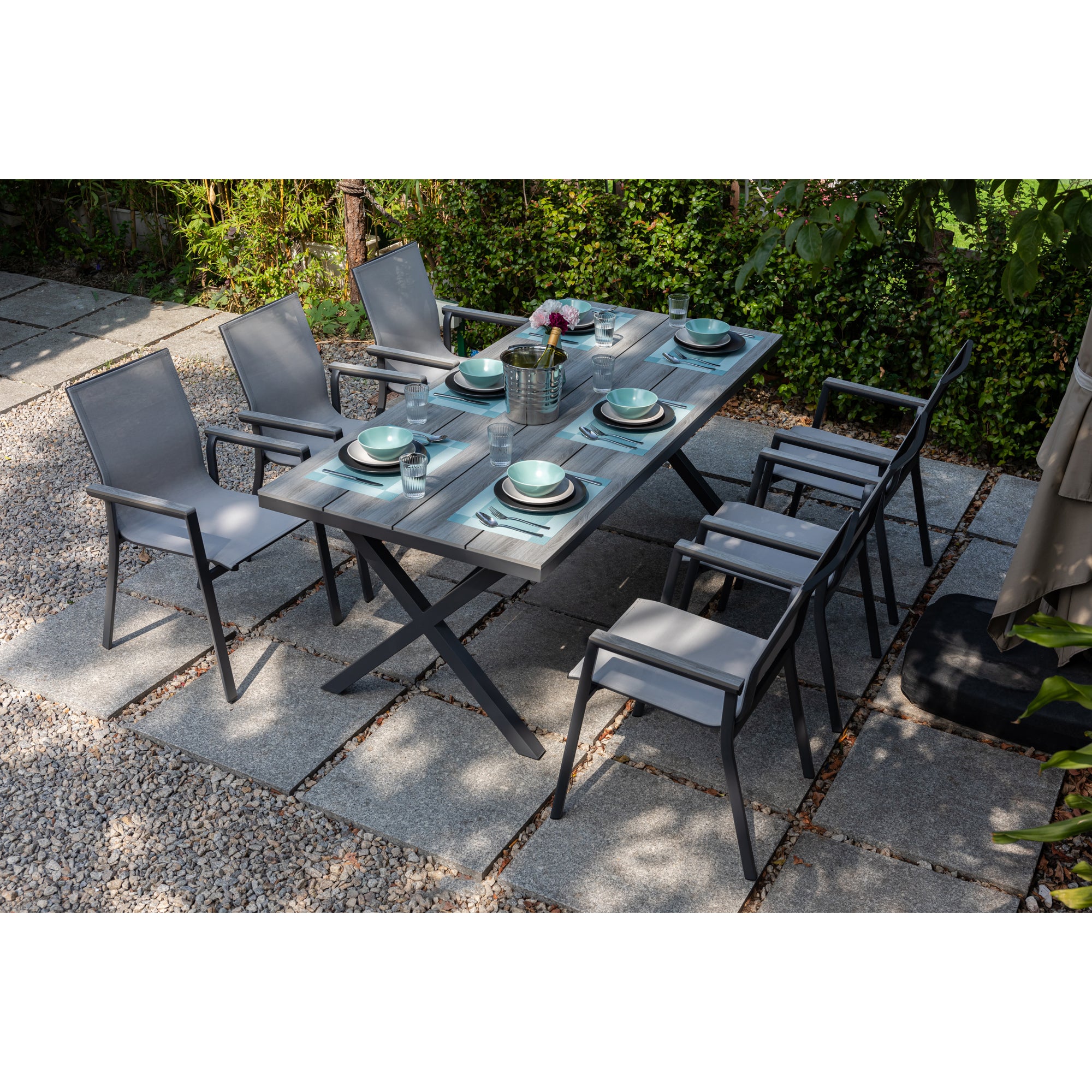*SO SCHMECKT DER SOMMER!* 7 tlg. Essgruppe Meran shadow grey / Aluminium kombiniert mit Nonwood Royal Grey Look Elementen
