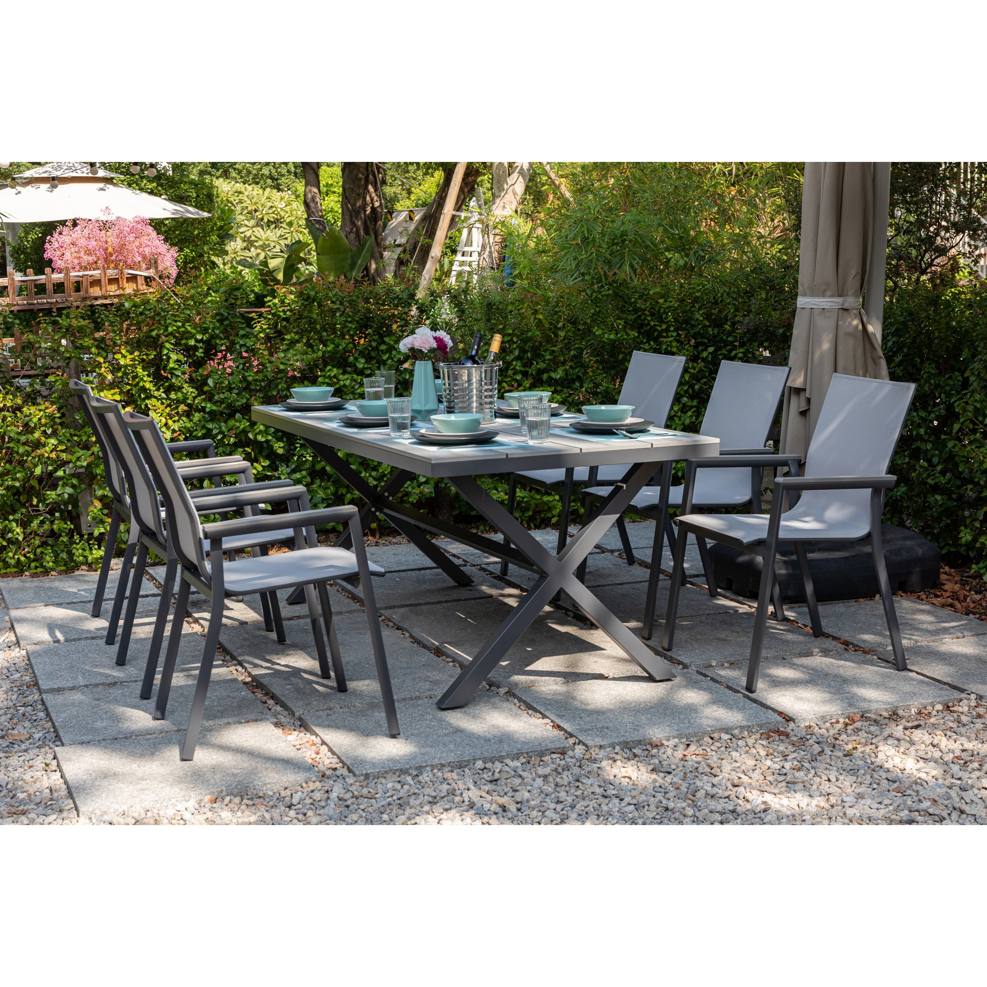*SO SCHMECKT DER SOMMER!* 7 tlg. Essgruppe Meran shadow grey / Aluminium kombiniert mit Nonwood Royal Grey Look Elementen