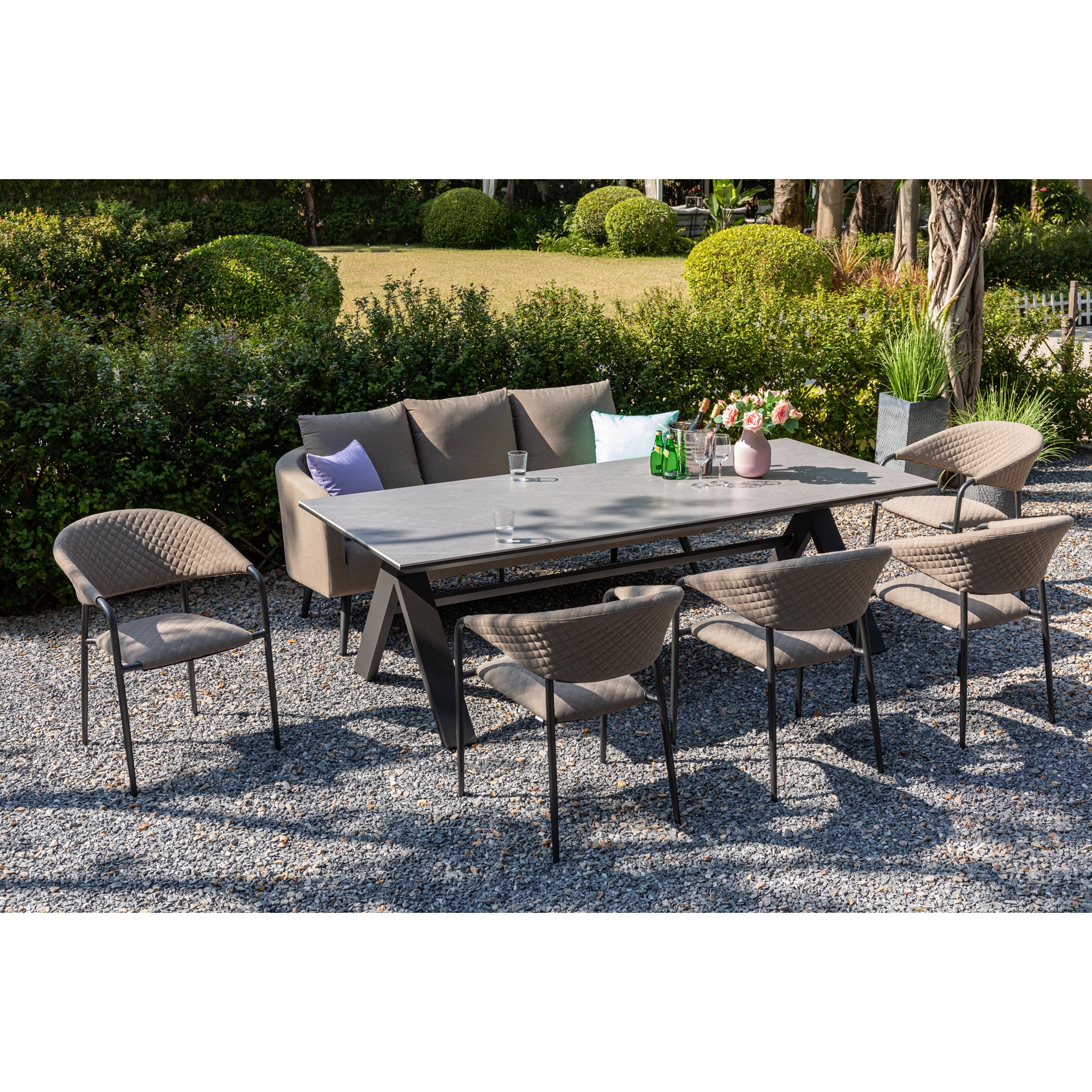 7 tlg. Outdoor Dining Set Puro + Avantage, 100% wetterfest dank LIKA-TEX® Bezug Sand (Natur)