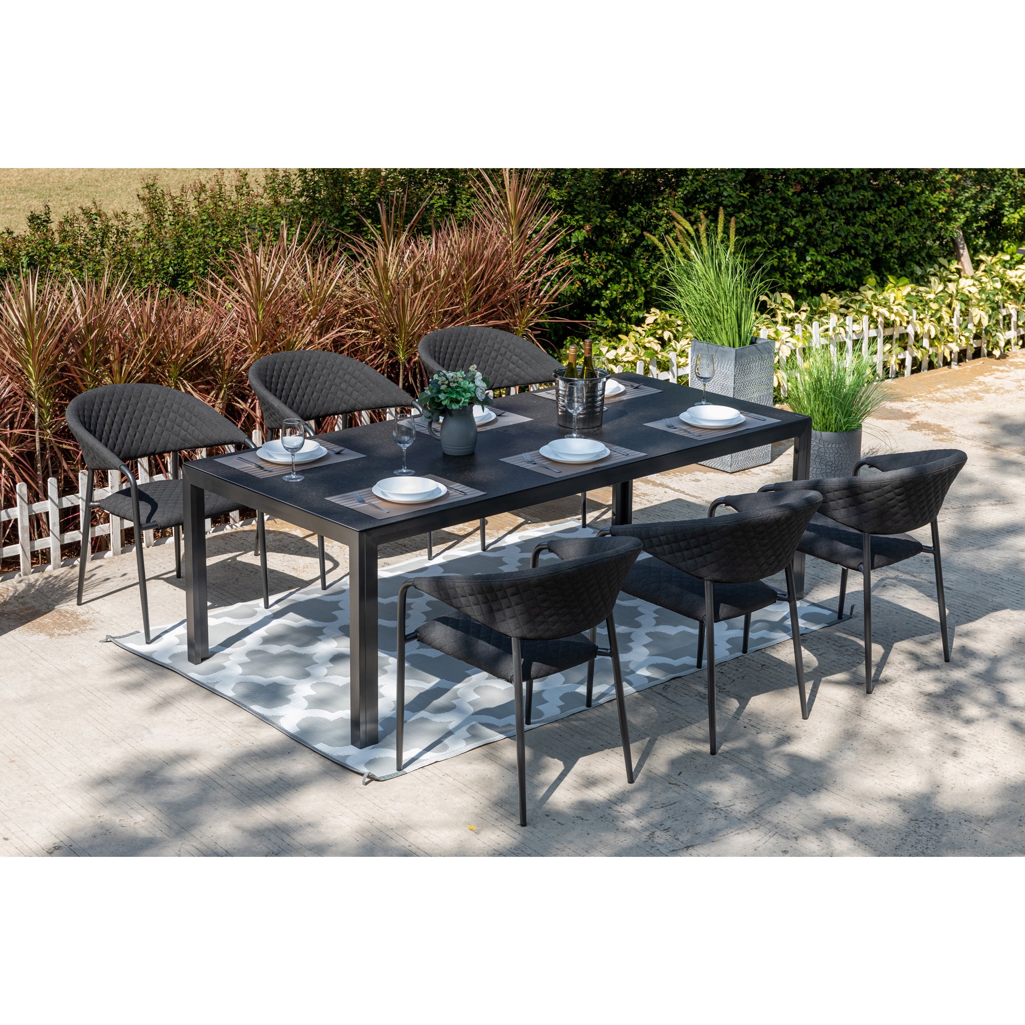 PURE PREMIUM! 7 tlg Dining Set Puro + Luna Tisch XXL - bestehend aus: Tisch Luna Stellar + 6 x Stapelsessel 100% wetterfest LIKA-TEX® Bezug Lava