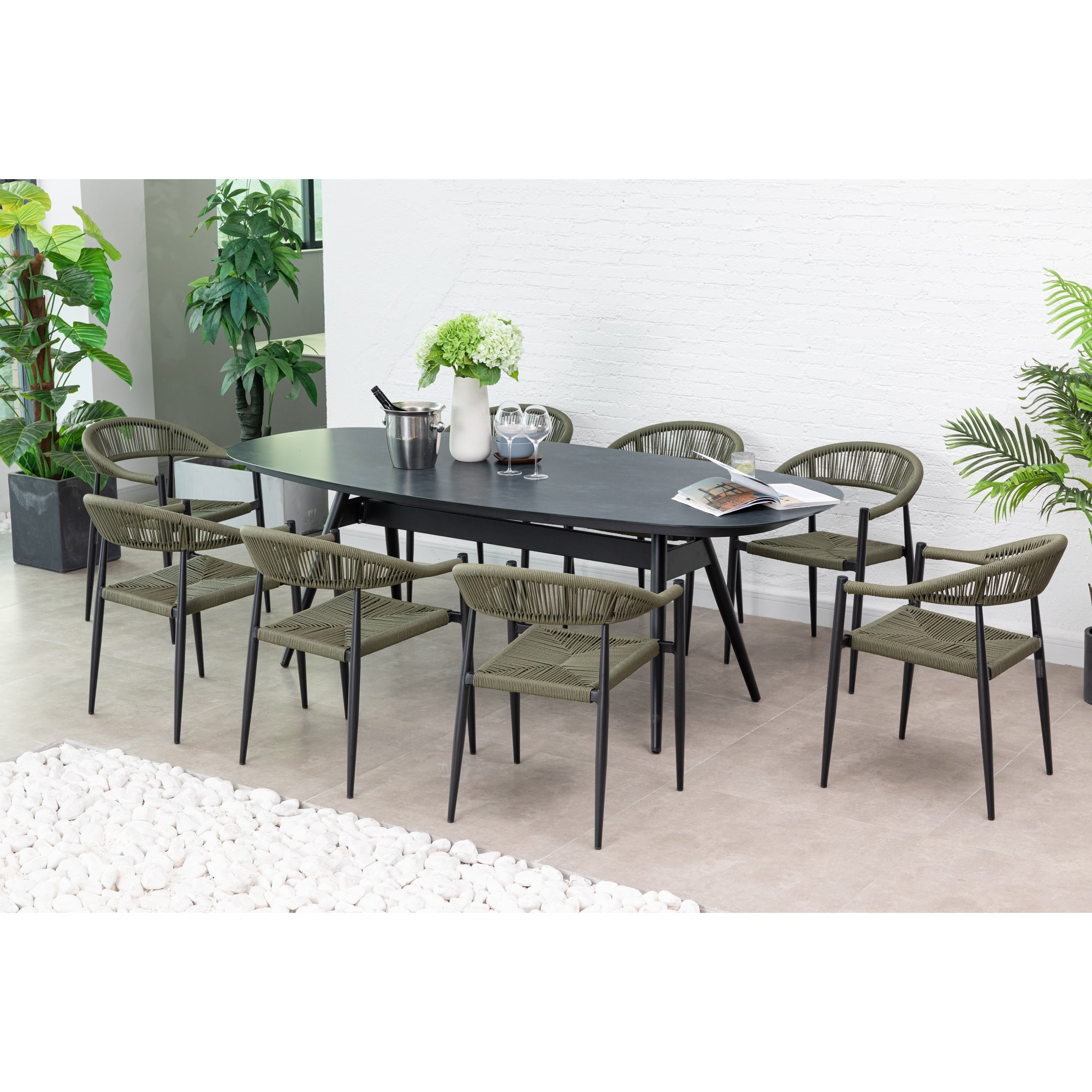 9 tlg. Aluminium / Polyrope Cord Dining Set Luis in grün inkl. Dining Tisch Puro