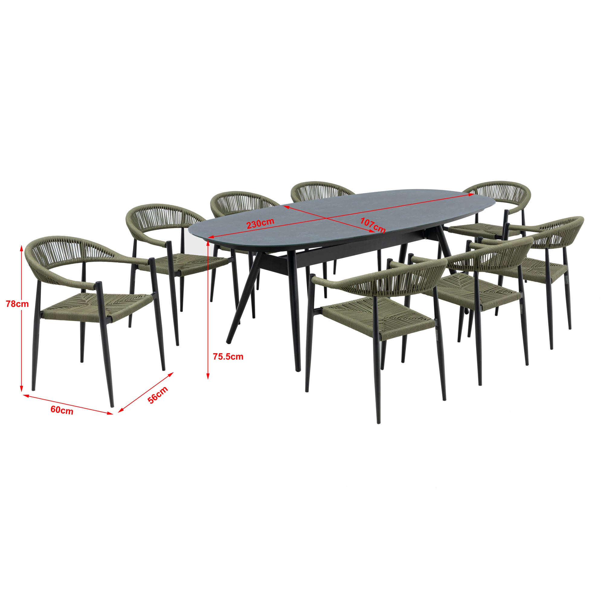 9 tlg. Aluminium / Polyrope Cord Dining Set Luis in grün inkl. Dining Tisch Puro