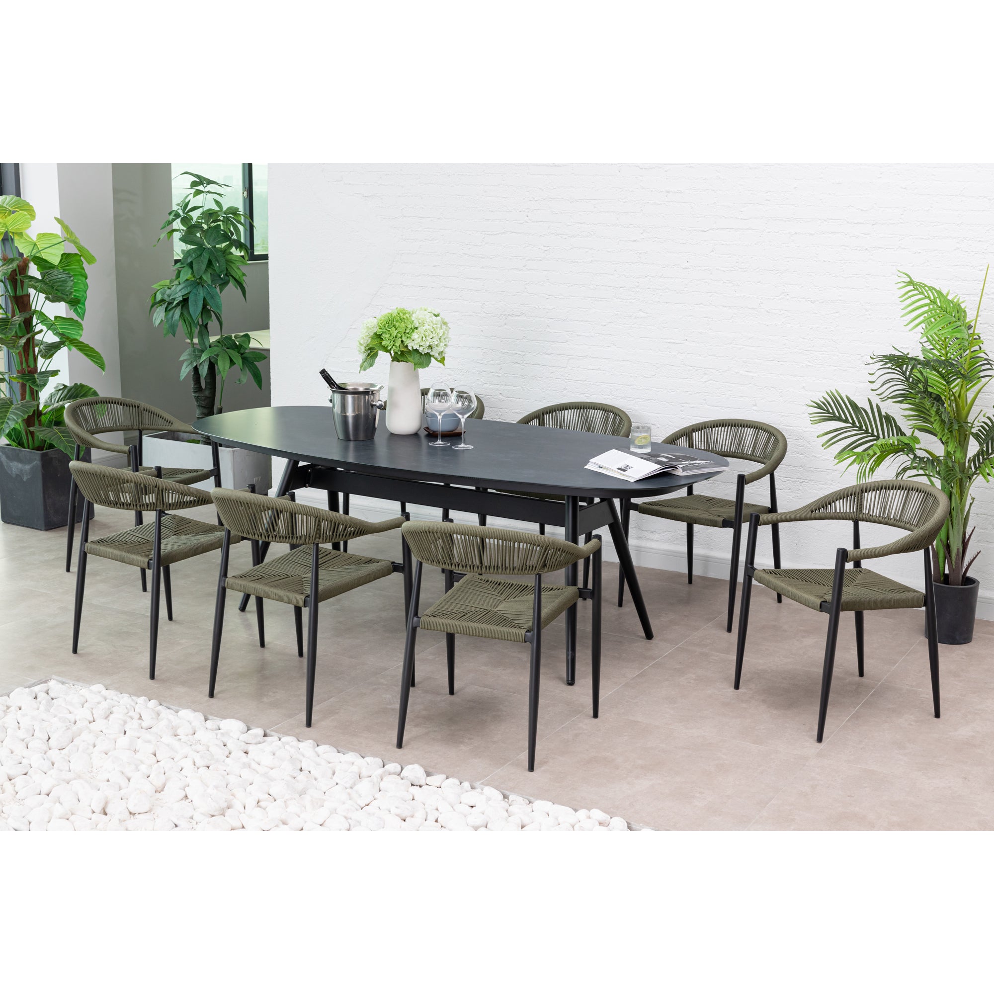 7 tlg. Alu / Polyrope Cord Dining Set Luis in grün inkl. Dining Tisch Puro