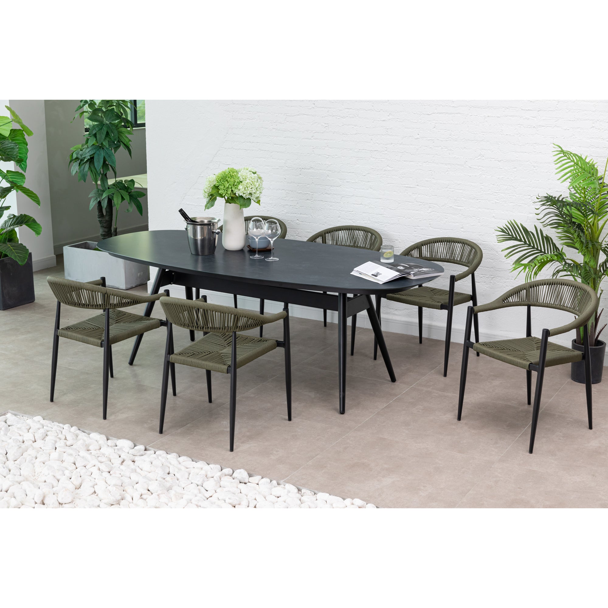 7 tlg. Alu / Polyrope Cord Dining Set Luis in grün inkl. Dining Tisch Puro
