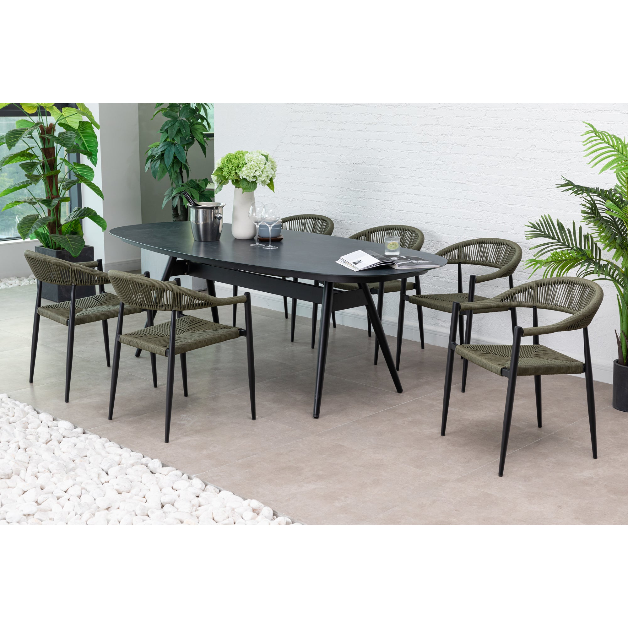 7 tlg. Alu / Polyrope Cord Dining Set Luis in grün inkl. Dining Tisch Puro