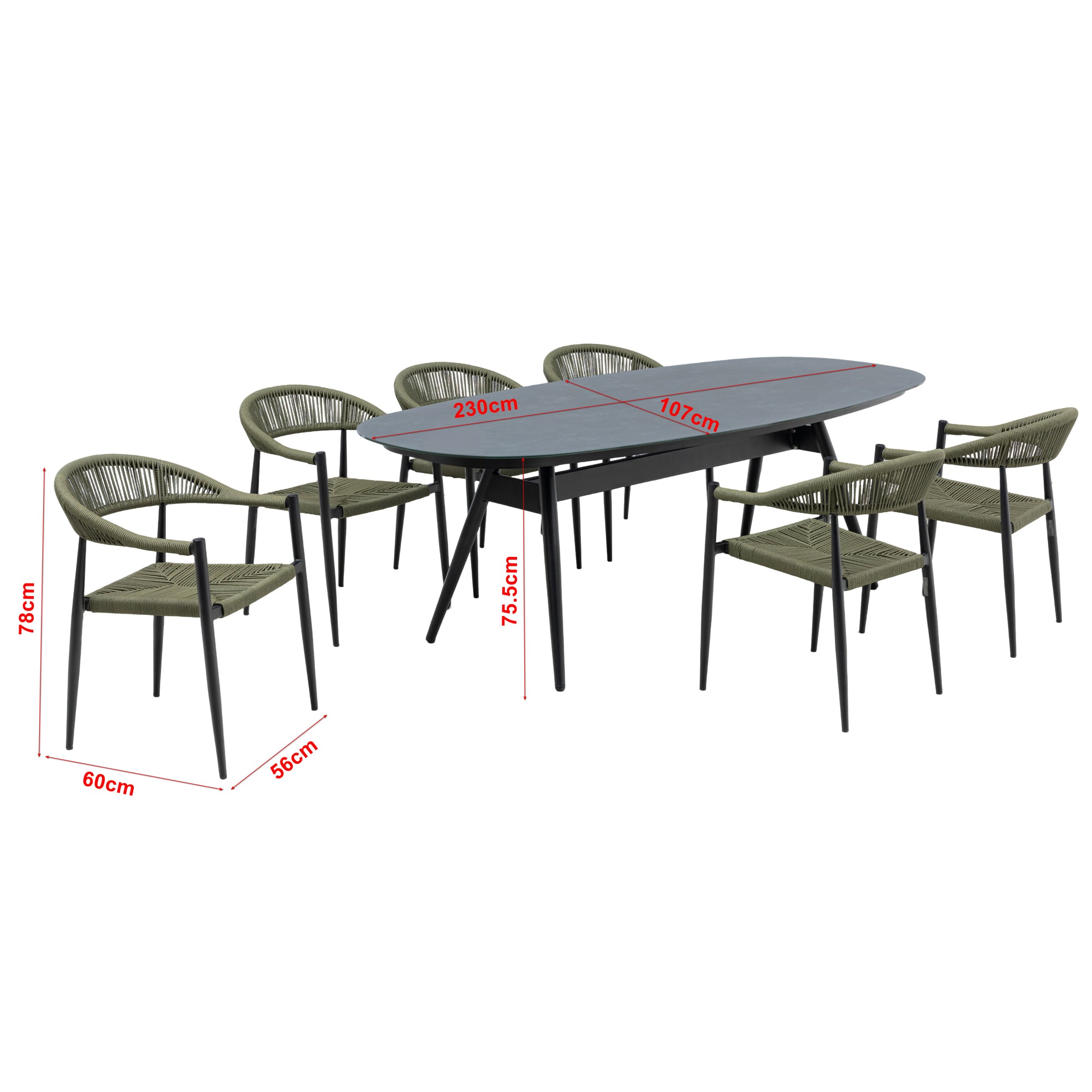 7 tlg. Alu / Polyrope Cord Dining Set Luis in grün inkl. Dining Tisch Puro
