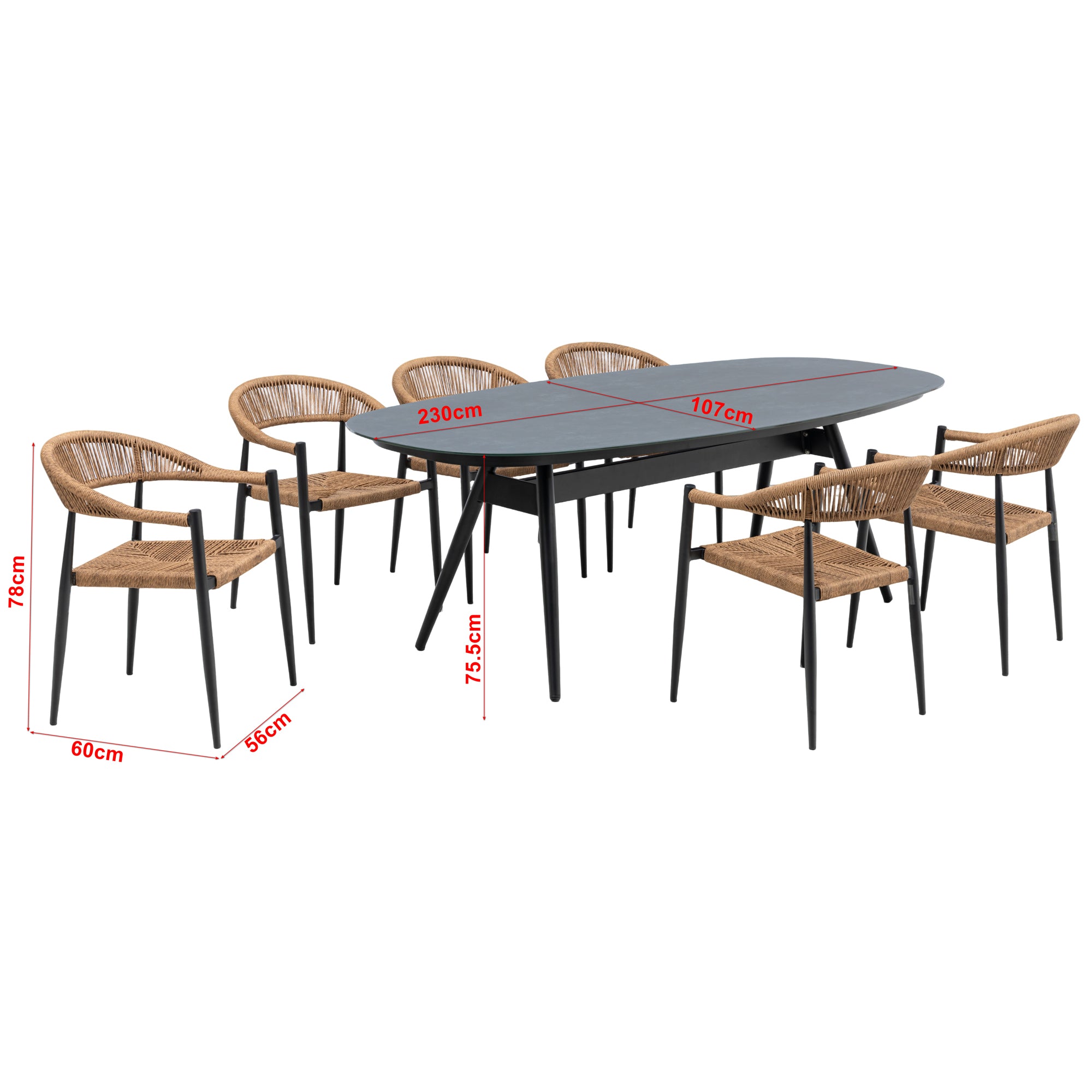 9 tlg. Aluminium / Polyrope Cord Dining Set Luis in natur inkl. Dining Tisch Puro