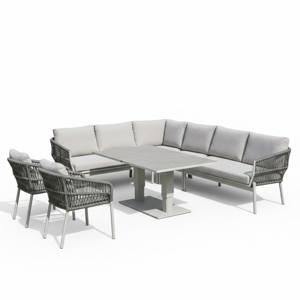 XXL Luxus: Aluminium / Rope Dining Ecklounge Set Solara inkl. 2 Sessel & höhenverstellbare Tisch variabel stellbar