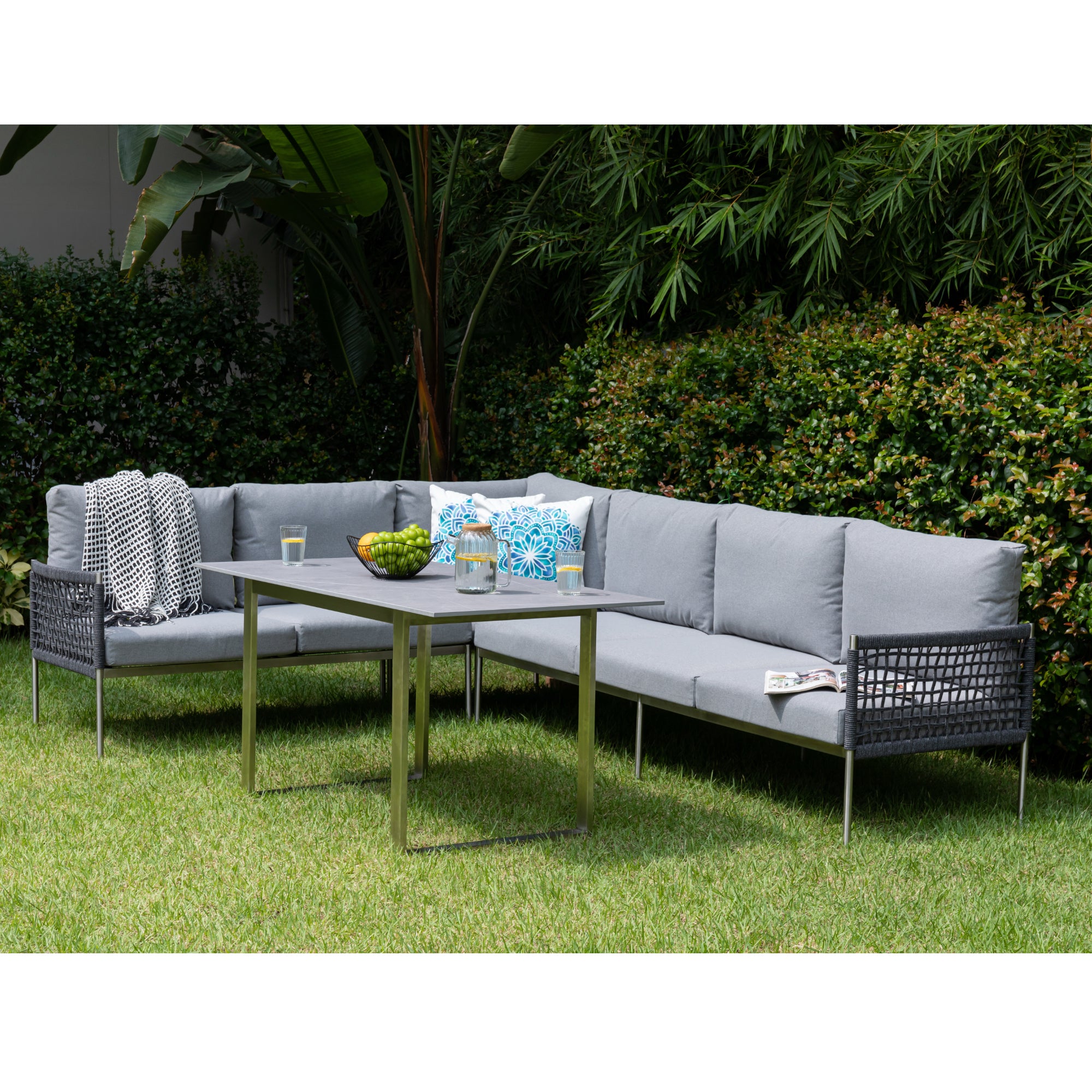 Premium Gartenmöbel Set Edelstahl / Rope Dining Eck Lounge Set Vogue