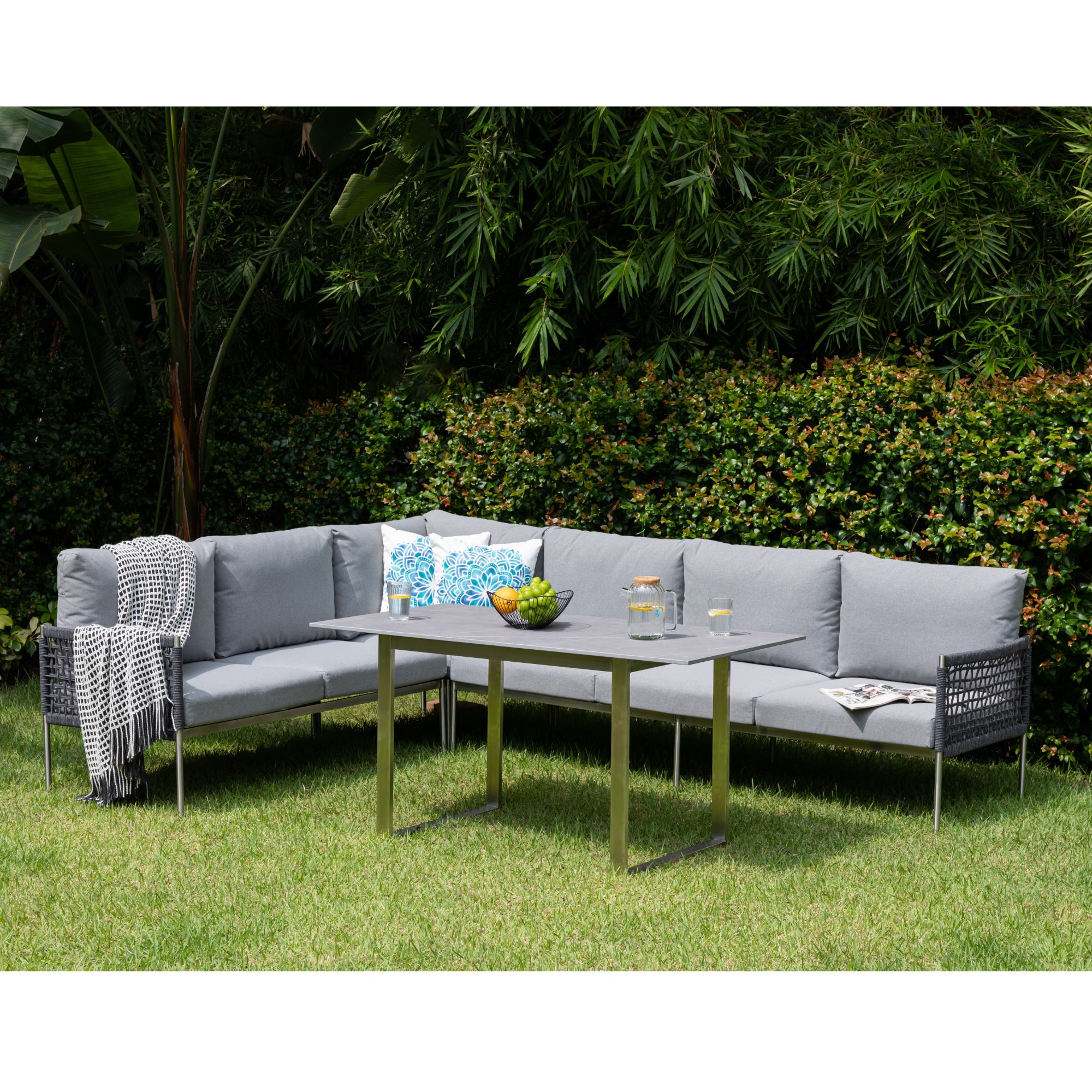 Premium Gartenmöbel Set Edelstahl / Rope Dining Eck Lounge Set Vogue