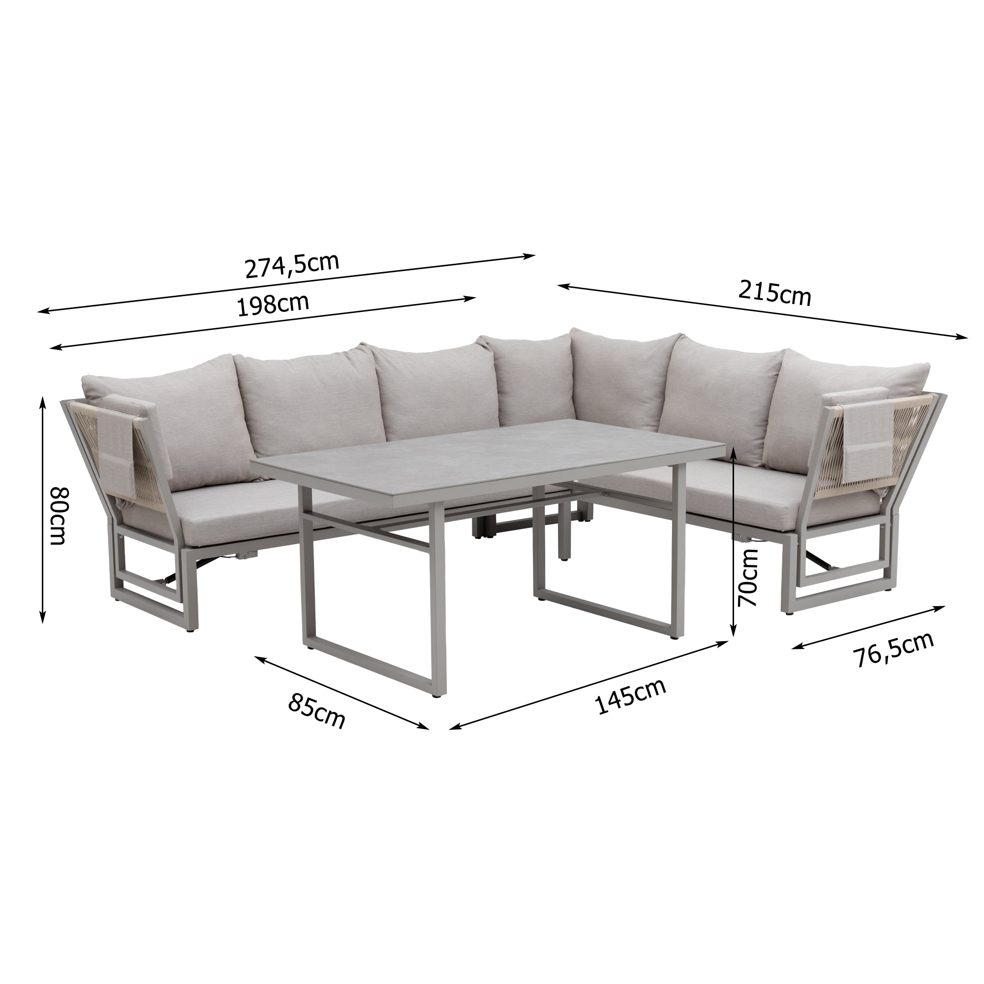 Alu / Polycord Rope Dining Ecklounge Set Madri Deluxe 3in1 Funktion variabel stellbar absenkbare Armlehnen