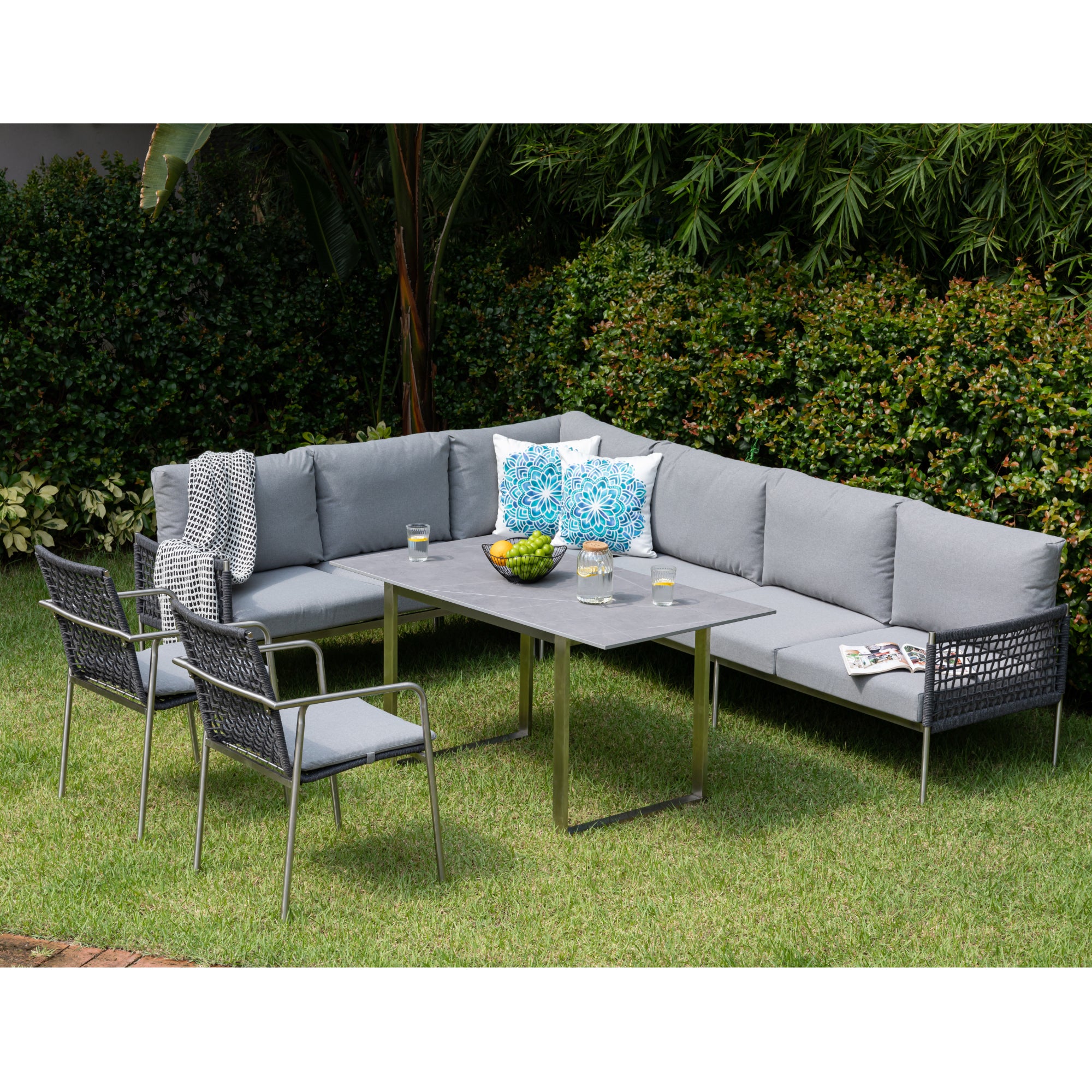 Premium Gartenmöbel Set Edelstahl / Rope Dining Eck Lounge Set Vogue inkl. 2 Sessel