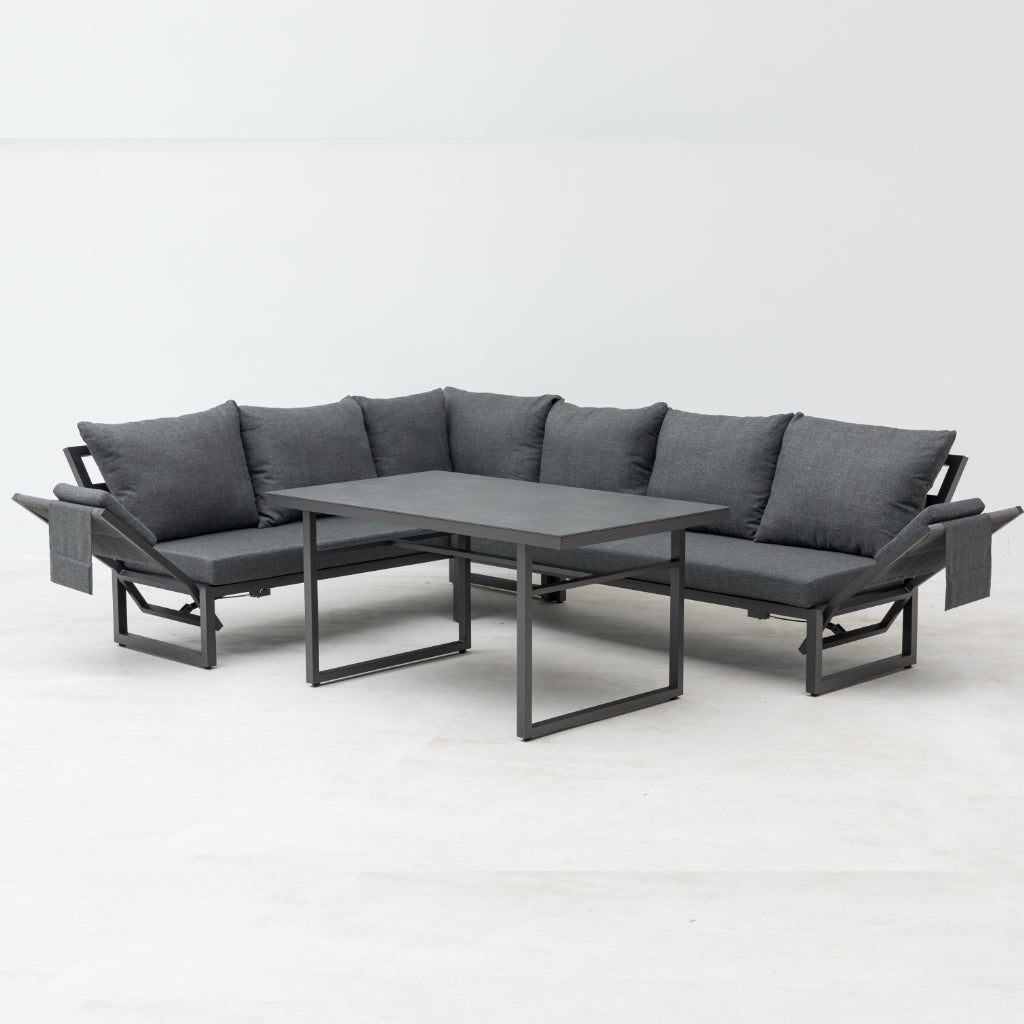 Alu / Polycord Rope Dining Ecklounge Set Madri Nero Deluxe 3in1 Funktion variabel stellbar absenkbare Armlehnen