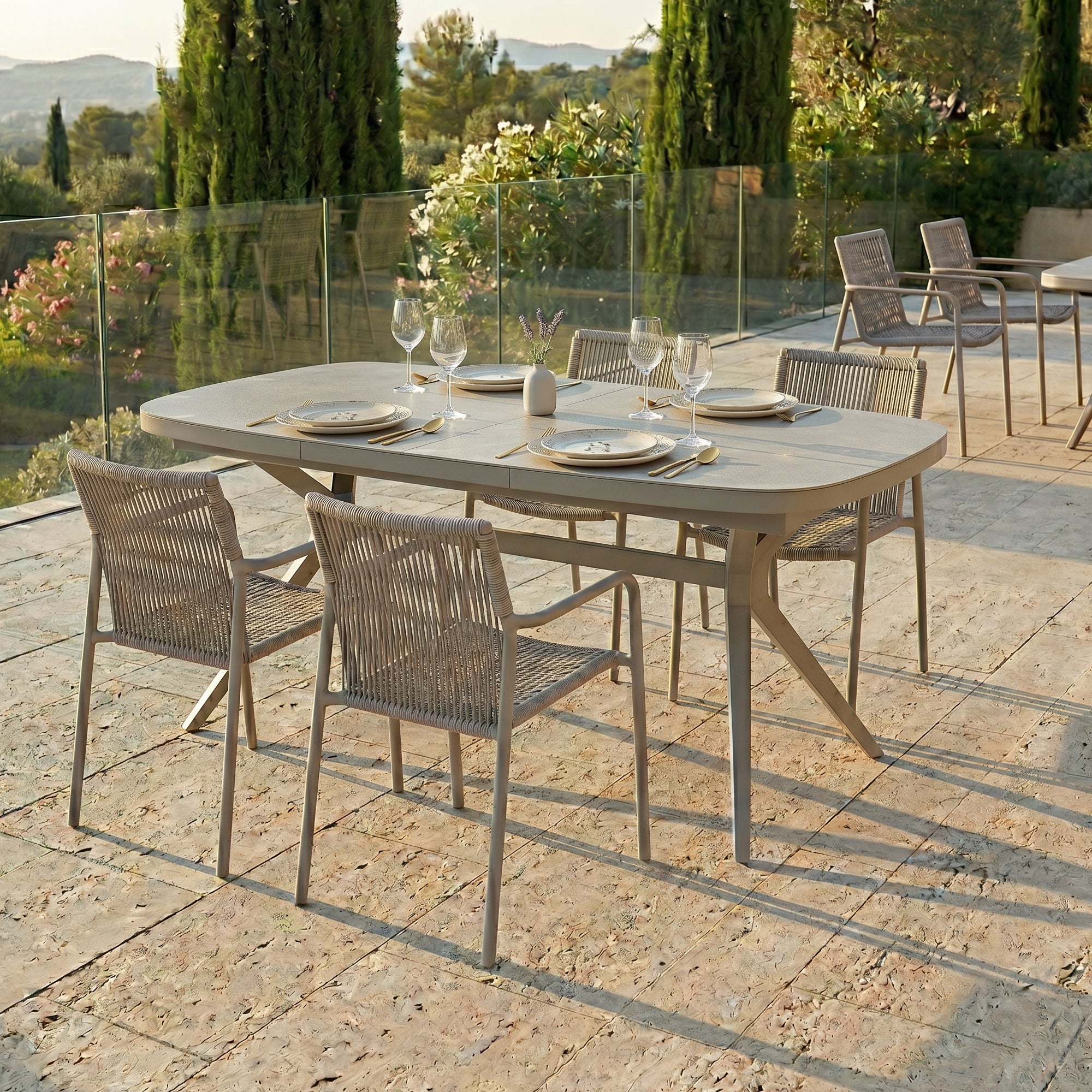 DESIGN! Aurora Ausziehtisch Alu kombiniert mit Sintered Stone Tischplatte / Synchronauszug 167/217x90x76cm (creme/beige)