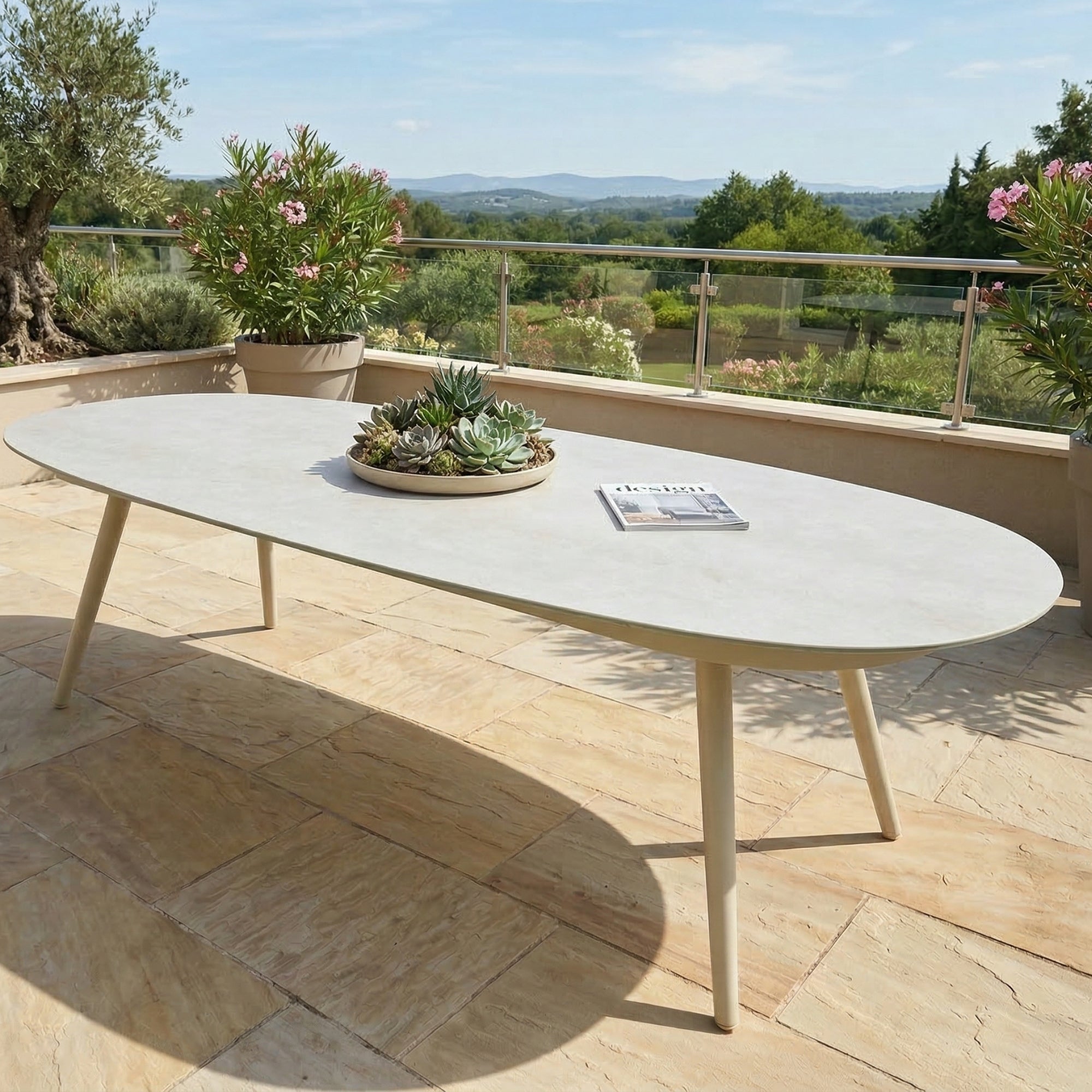 LUXUS! Dining Set PURO – 365 Tage draußen leben - 6 x Puro Stapelsessel in PEARL & 1 x Puro Tisch