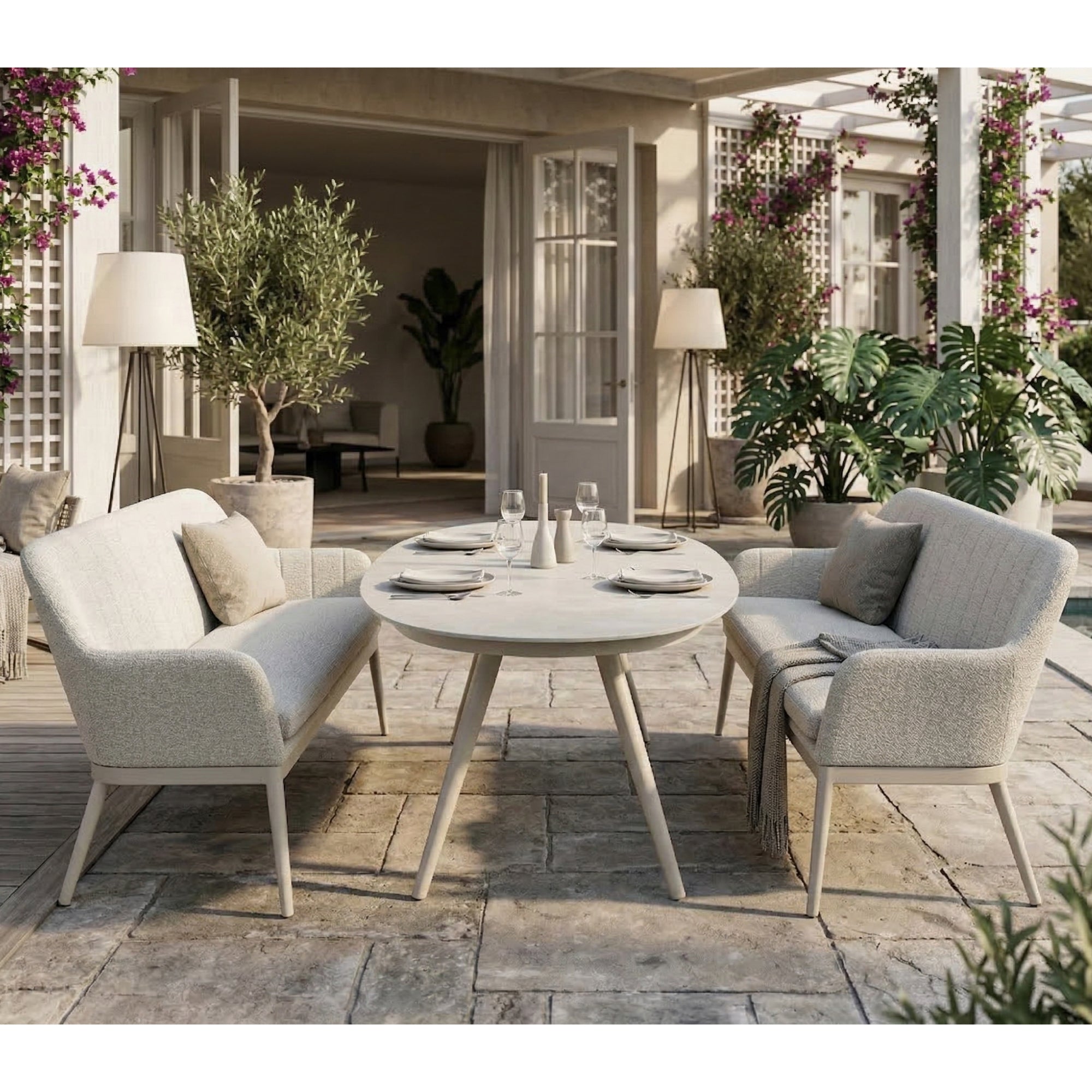 Outdoor Alu Dining Set Evara / VELUVÉ by LIKA-TEX® pearl - 100% wetterfest