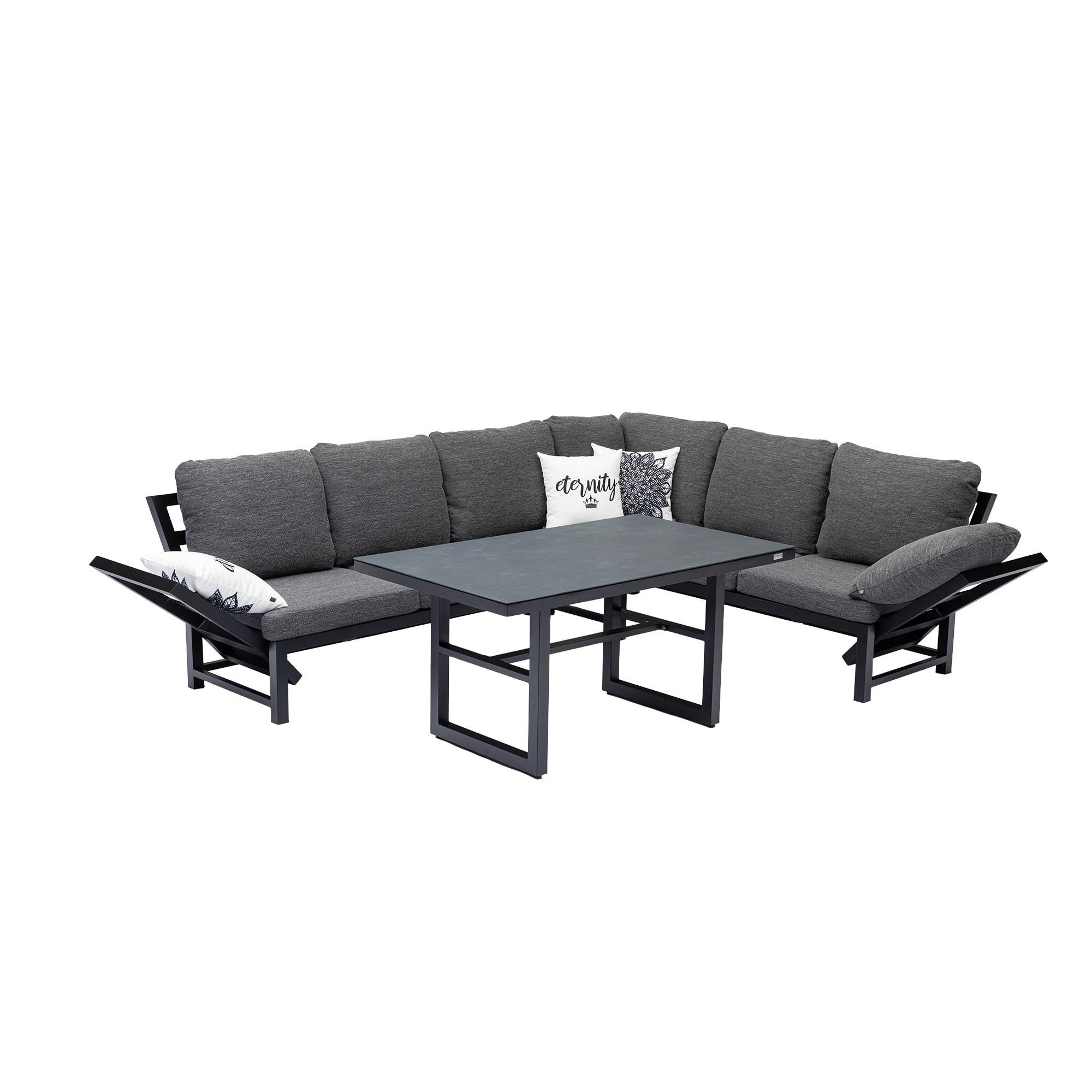 Alu Dining Lounge Set Kaprun 3in1 Funktion mit 100% wetterfestem VELUVÉ LIKA-TEX® Bezug onyx