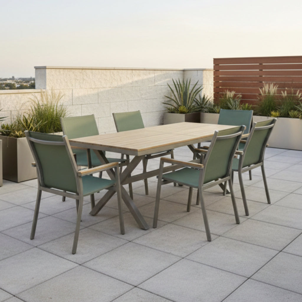 7-tlg. Dining Gruppe Meran Matcha / Aluminium kombiniert mit Nonwood Teak Look Elementen