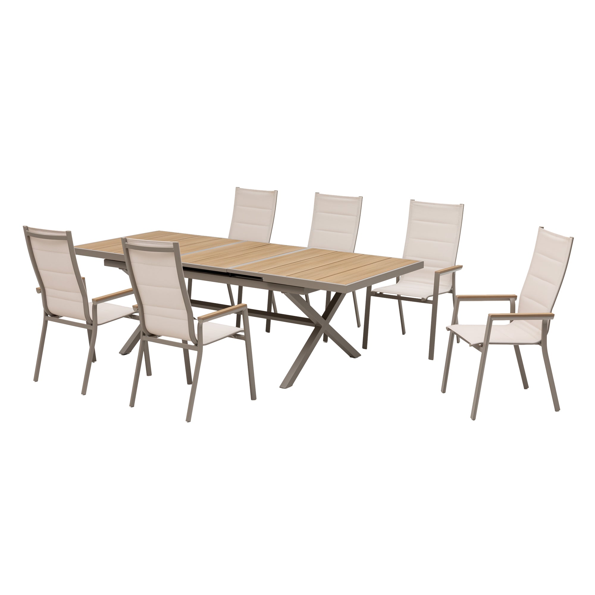 ☀️Summer Deal !☀️ 7-tlg. Dining Gruppe Meran XL Natur / Aluminium kombiniert mit Nonwood - Teak Look Elementen