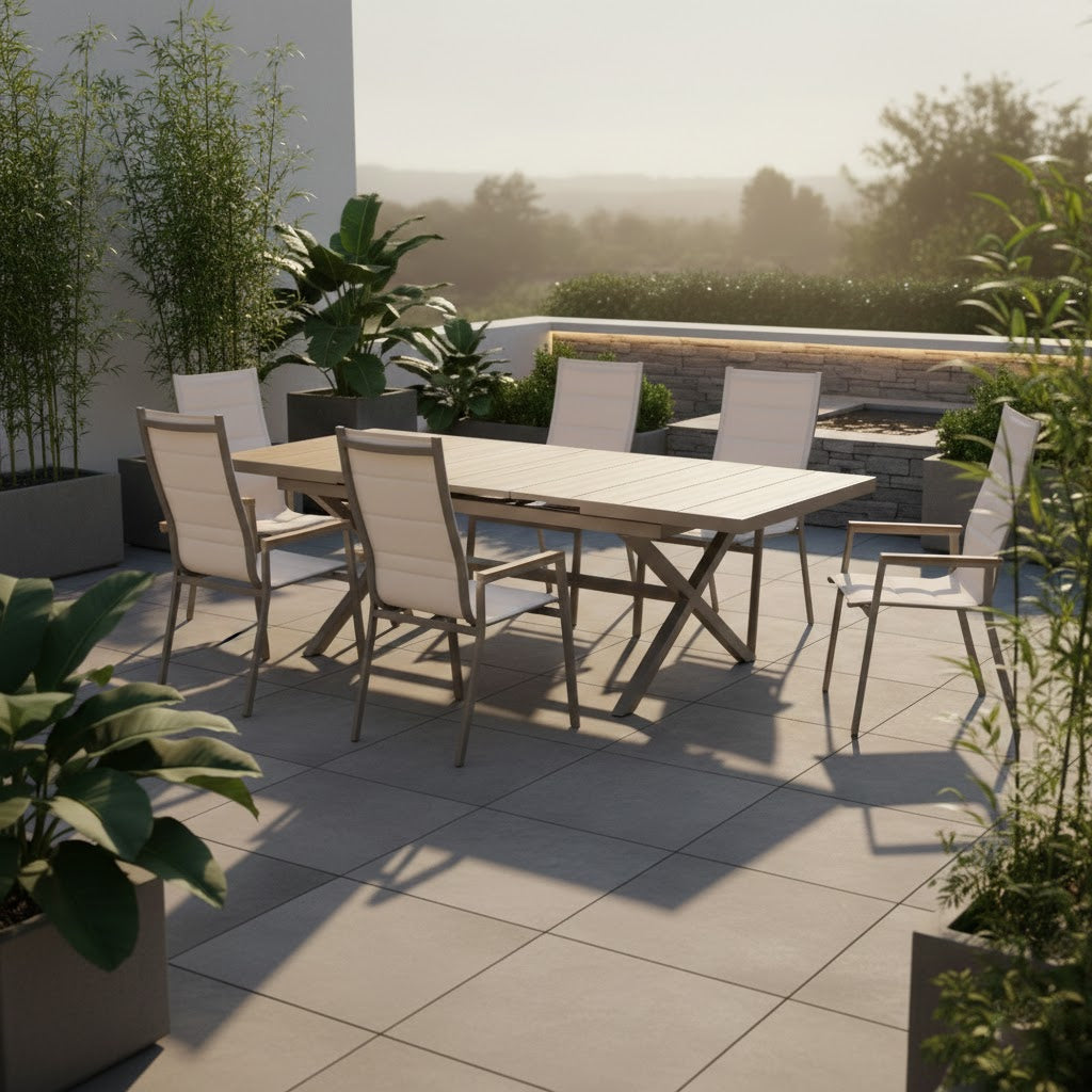 ☀️Summer Deal !☀️ 7-tlg. Dining Gruppe Meran XL Natur / Aluminium kombiniert mit Nonwood - Teak Look Elementen
