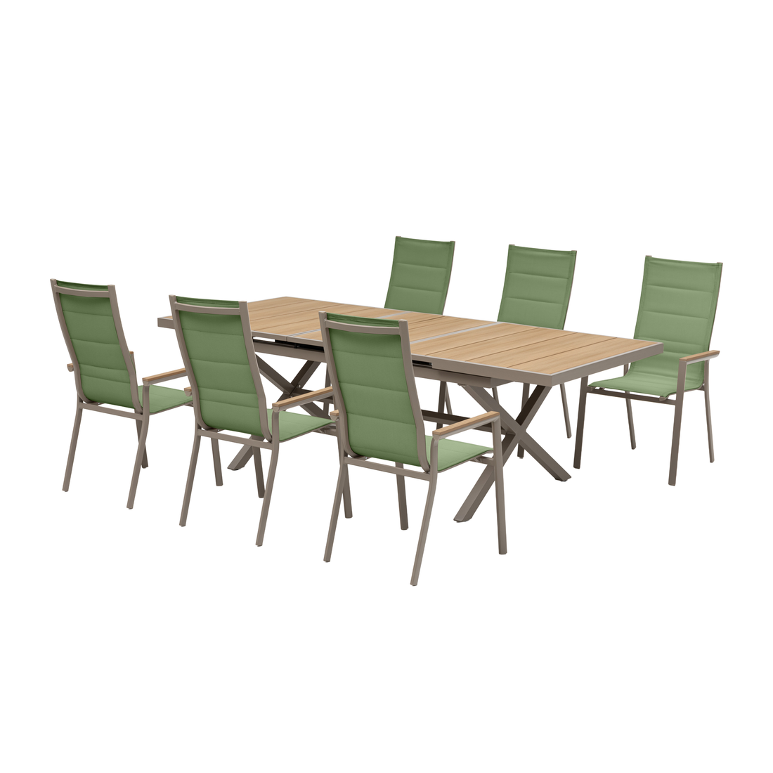 7-tlg. Dining Gruppe Meran XL Matcha / Aluminium kombiniert mit Nonwood Teak Look Elementen