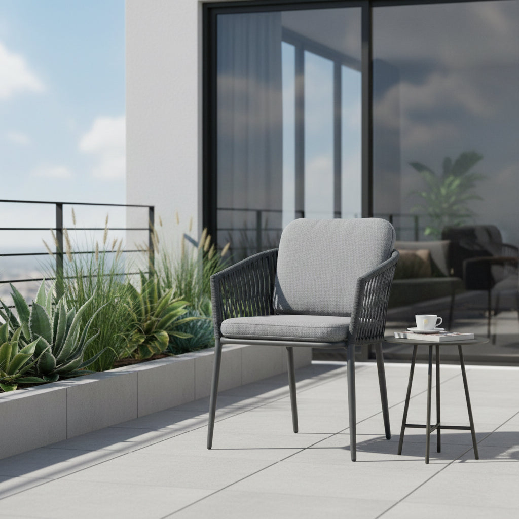 *FRÜHLINGS-ANGEBOT* 7 tlg. Essgruppe Alu / Nonwood / Rope Essgruppe mit Ausziehtisch - Liora grau + Meran- bestehend aus: 6x Liora Stapelsessel + Meran Ausziehtisch 186 / 246 × 100 × 76,5 cm