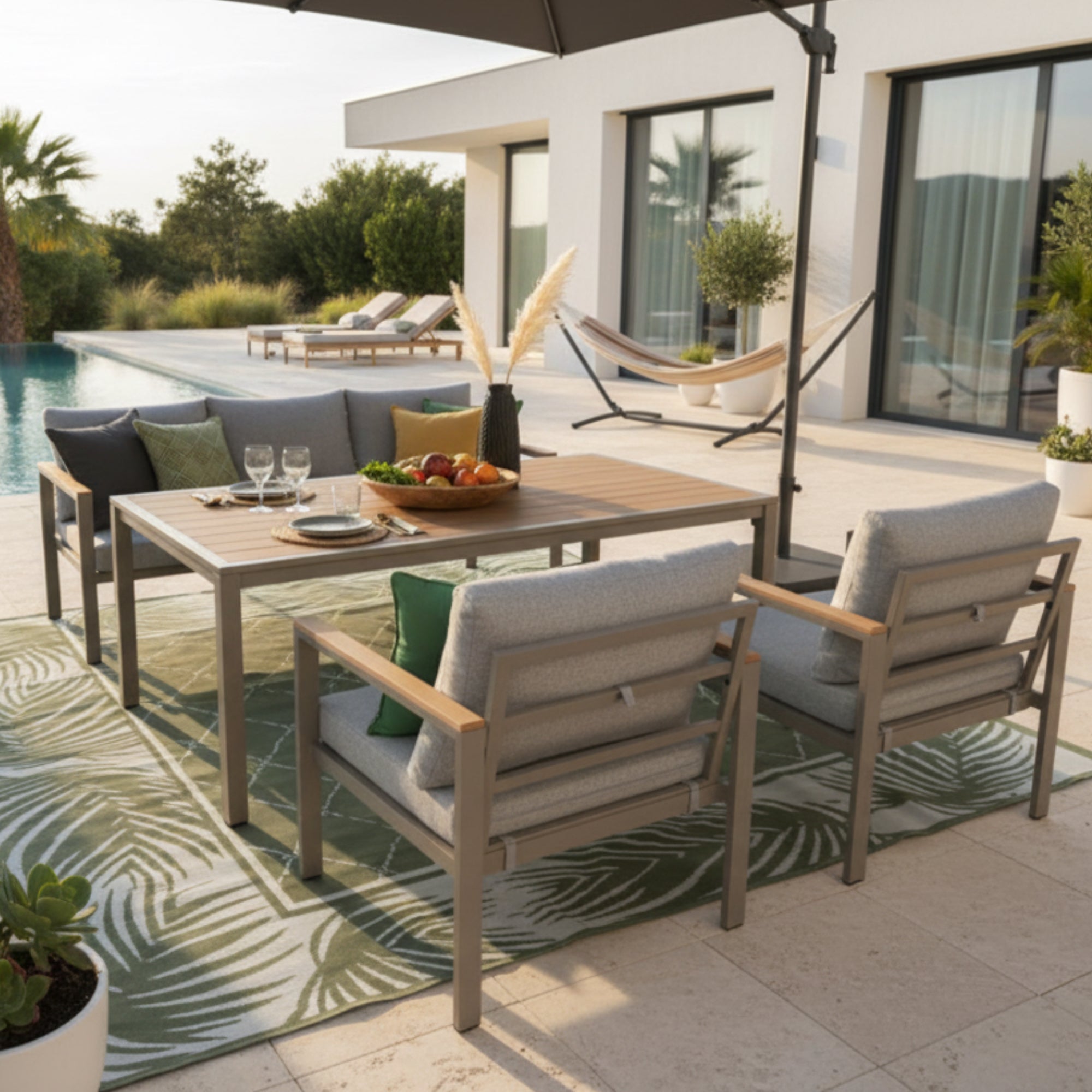 Aluminium / Nonwood Dining Lounge Set Capri Solace XL Ausführung mocca / mousse