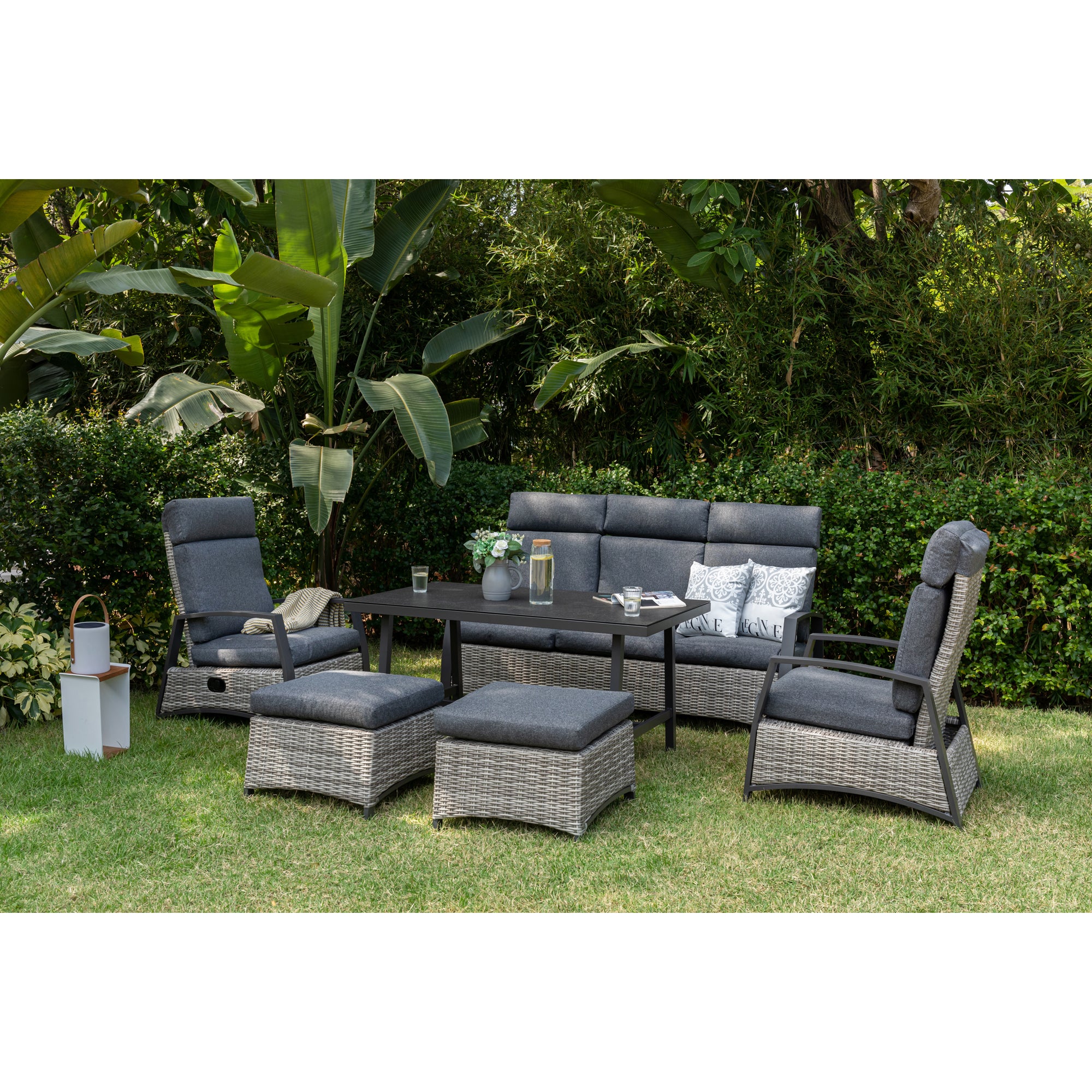 Aluminium / Polyrattan Dining Lounge Set Corvara alle Rücken verstellbar inkl. 2x Hocker