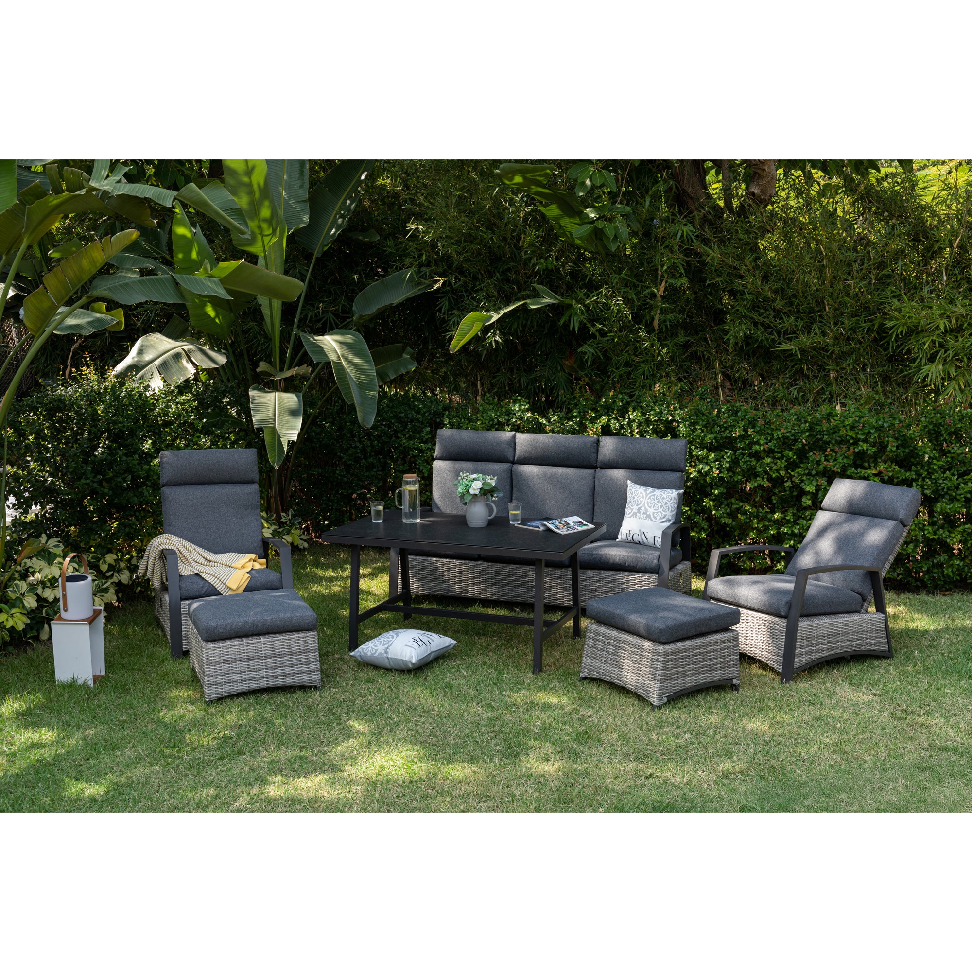 Aluminium / Polyrattan Dining Lounge Set Corvara alle Rücken verstellbar inkl. 2x Hocker