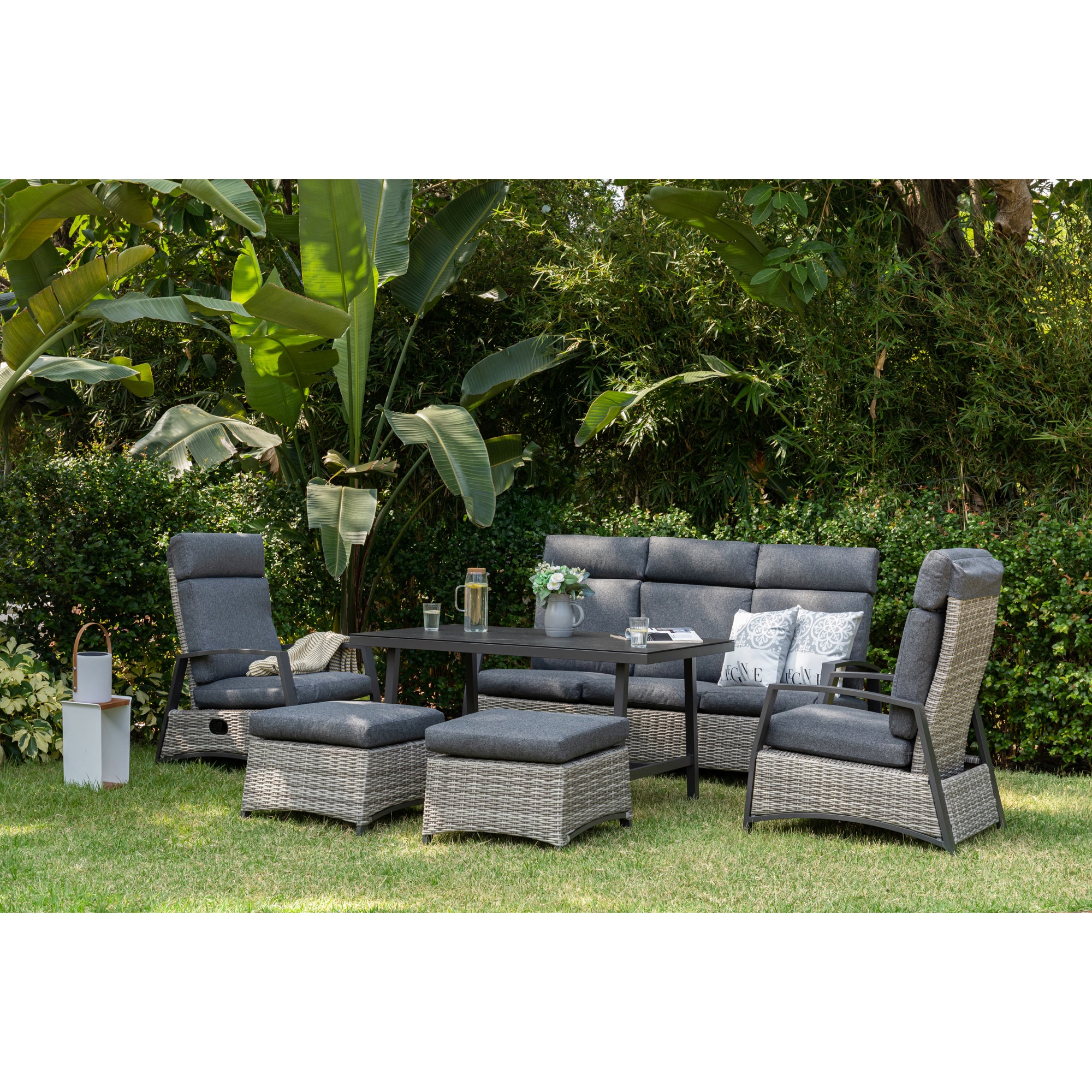 Aluminium / Polyrattan Dining Lounge Set Corvara alle Rücken verstellbar inkl. 2x Hocker