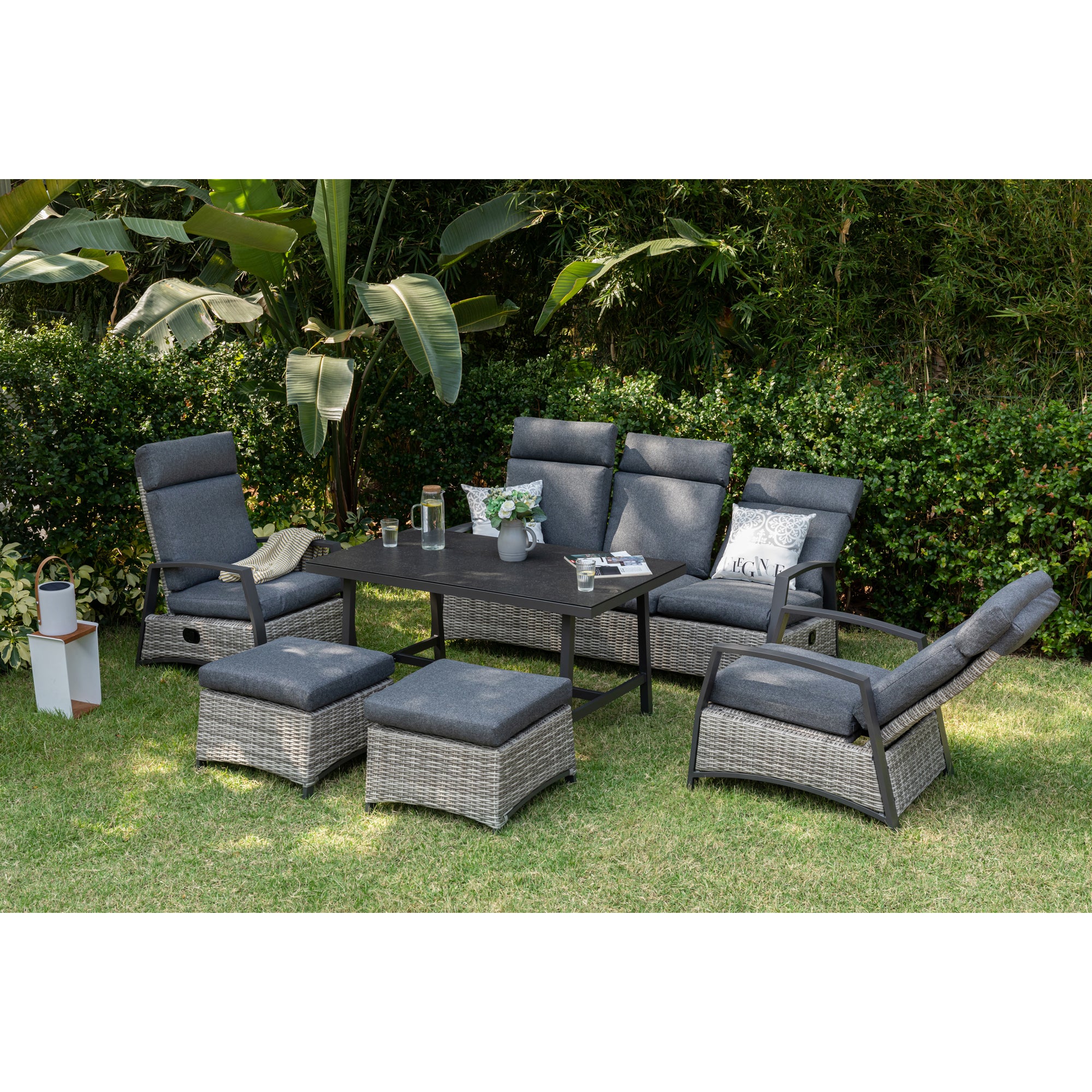 Aluminium / Polyrattan Dining Lounge Set Corvara alle Rücken verstellbar inkl. 2x Hocker
