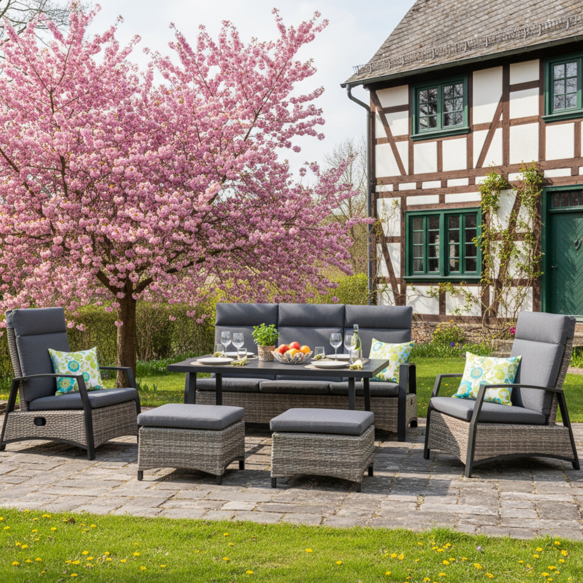 Aluminium / Polyrattan Dining Lounge Set Corvara alle Rücken verstellbar inkl. 2x Hocker