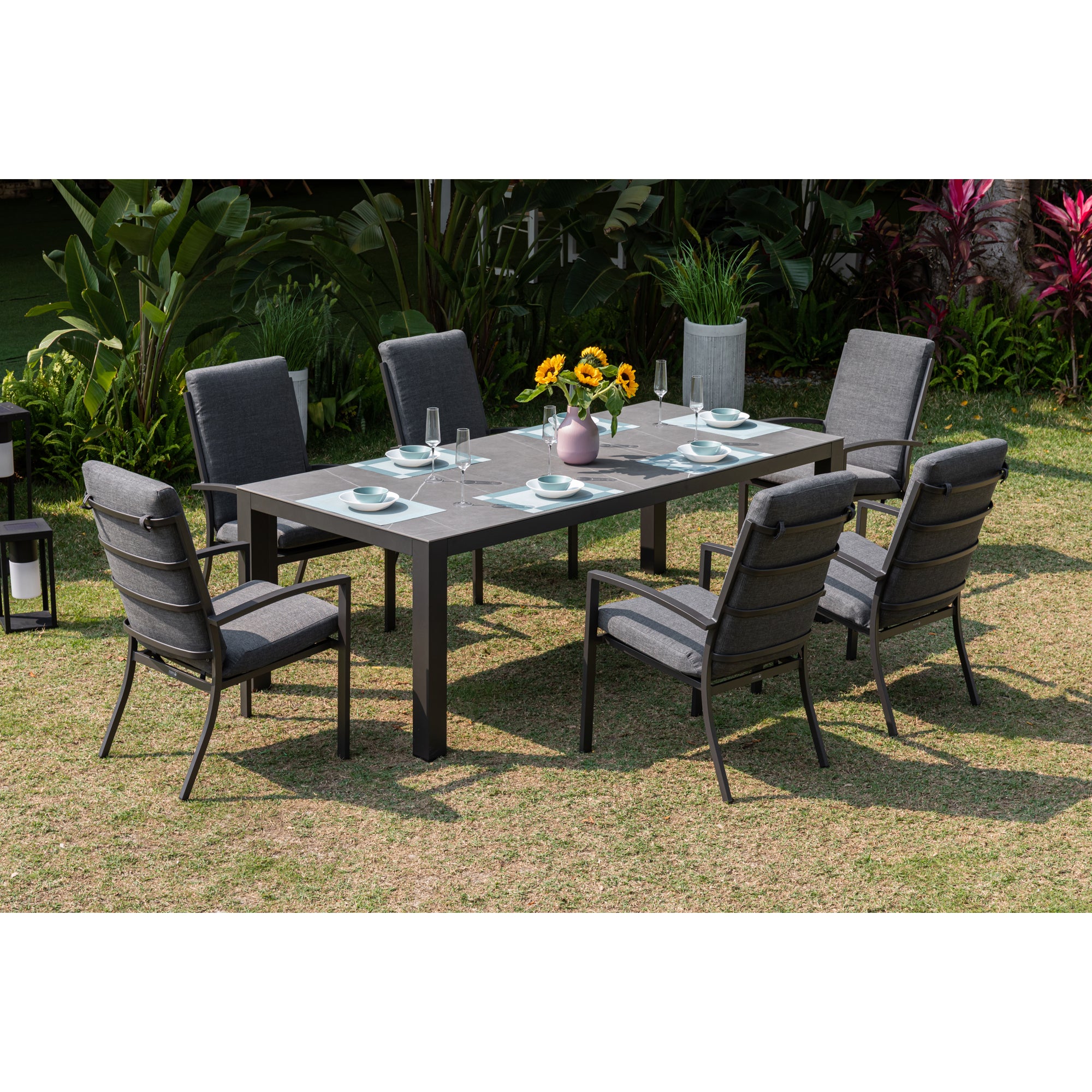 Premium Alu Dining Set Neapel inkl. Madri Nero Sintered Stone Tischplatte 220x100cm