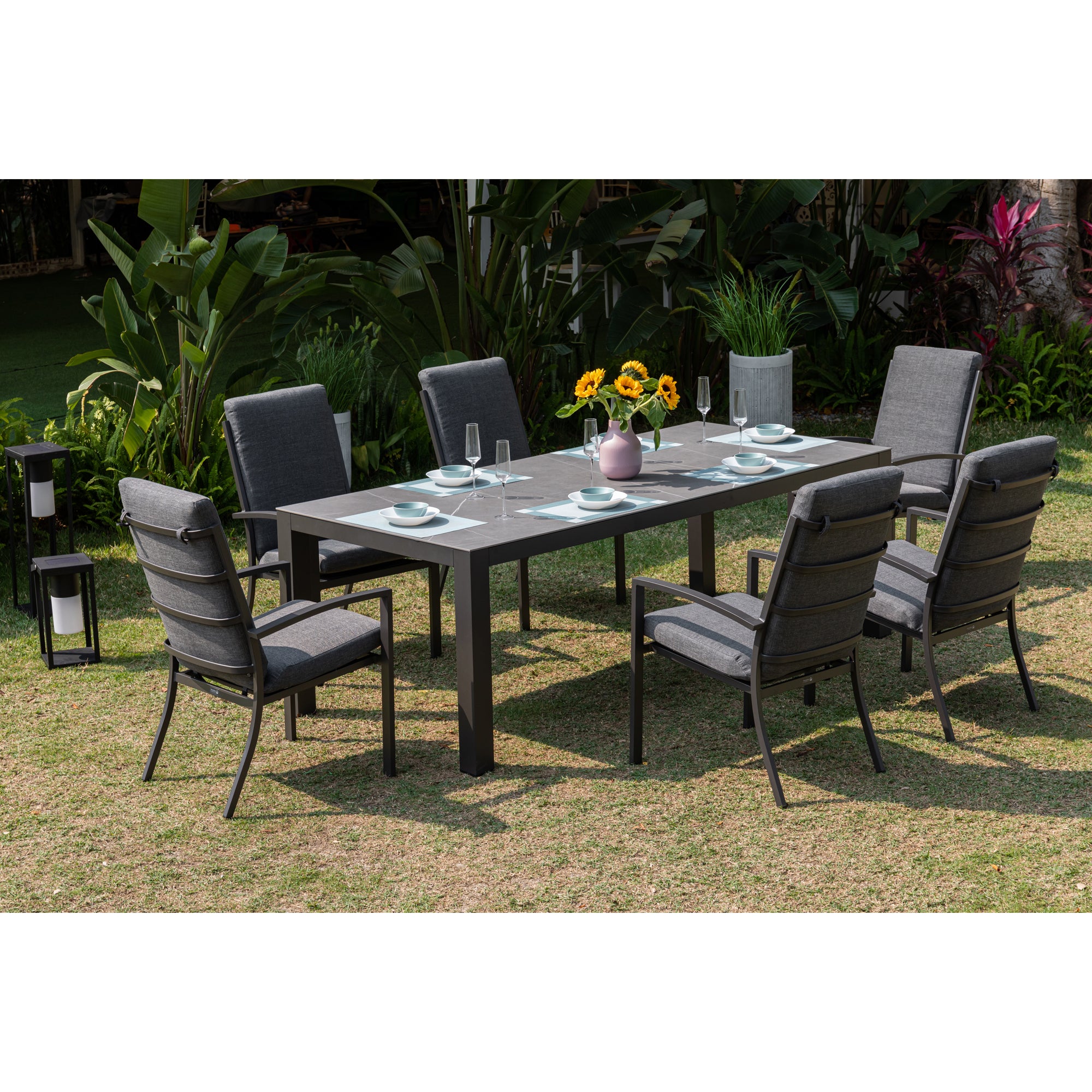 Premium Alu Dining Set Neapel inkl. Madri Nero Sintered Stone Tischplatte 220x100cm