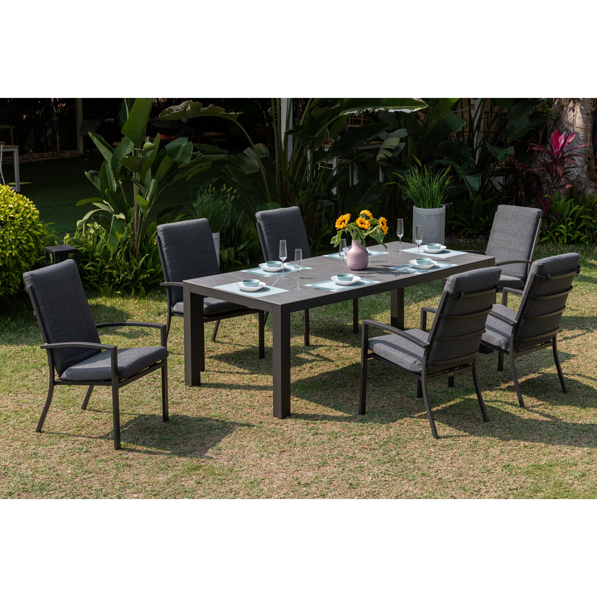 Premium Alu Dining Set Neapel inkl. Madri Nero Sintered Stone Tischplatte 220x100cm