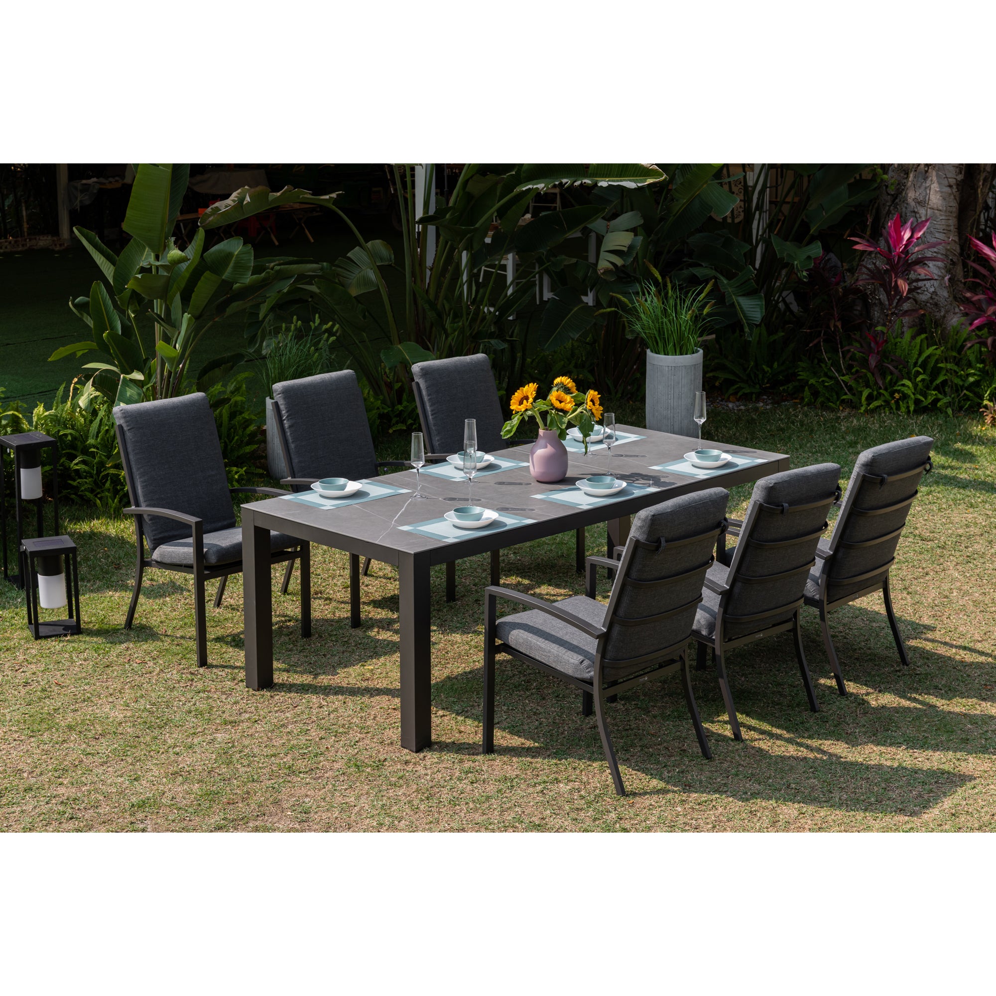 Premium Alu Dining Set Neapel inkl. Madri Nero Sintered Stone Tischplatte 220x100cm