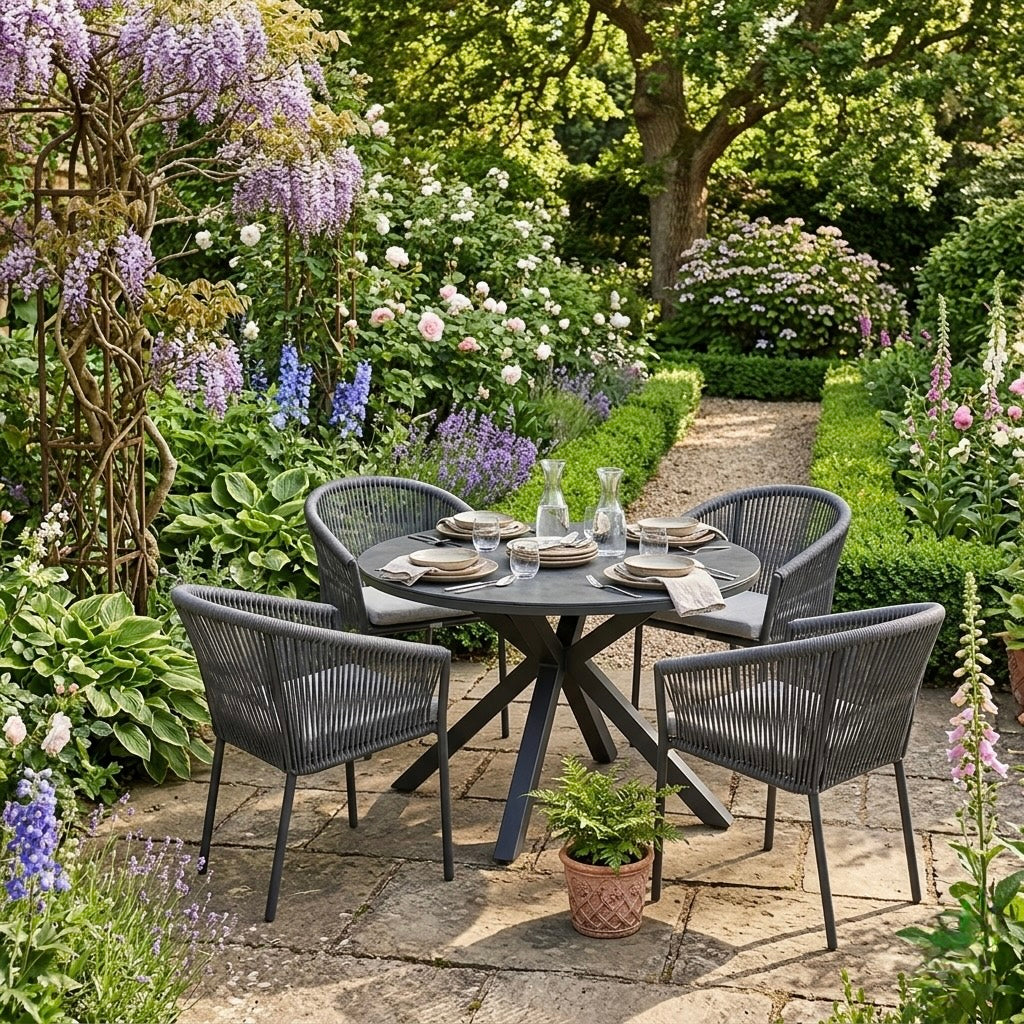 Gartenmöbel Set / Essgruppe Manhattan bestehend: 4 x Stapelsessel & 1 x Tisch rund Ø120cm