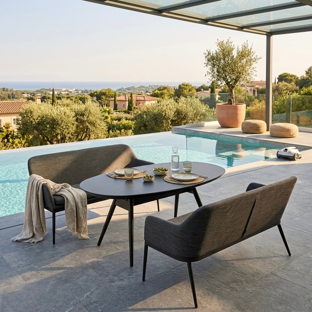 Exklusive Flair! Das Outdoor Dining Set EVARA VELUVÉ / LIKA-TEX® - 100% wetterfest