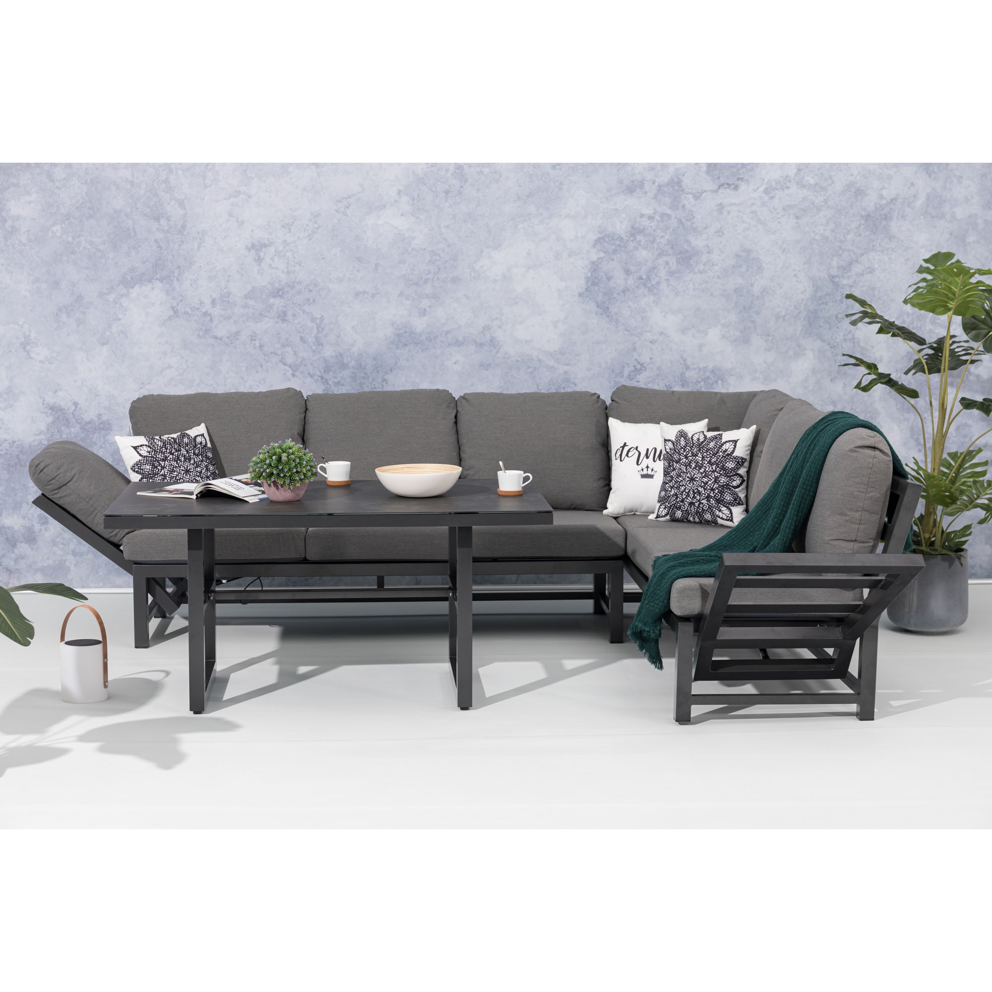 Alu Dining Lounge Set Kaprun 3in1 Funktion mit 100% wetterfestem LIKA-TEX® Bezug in grau