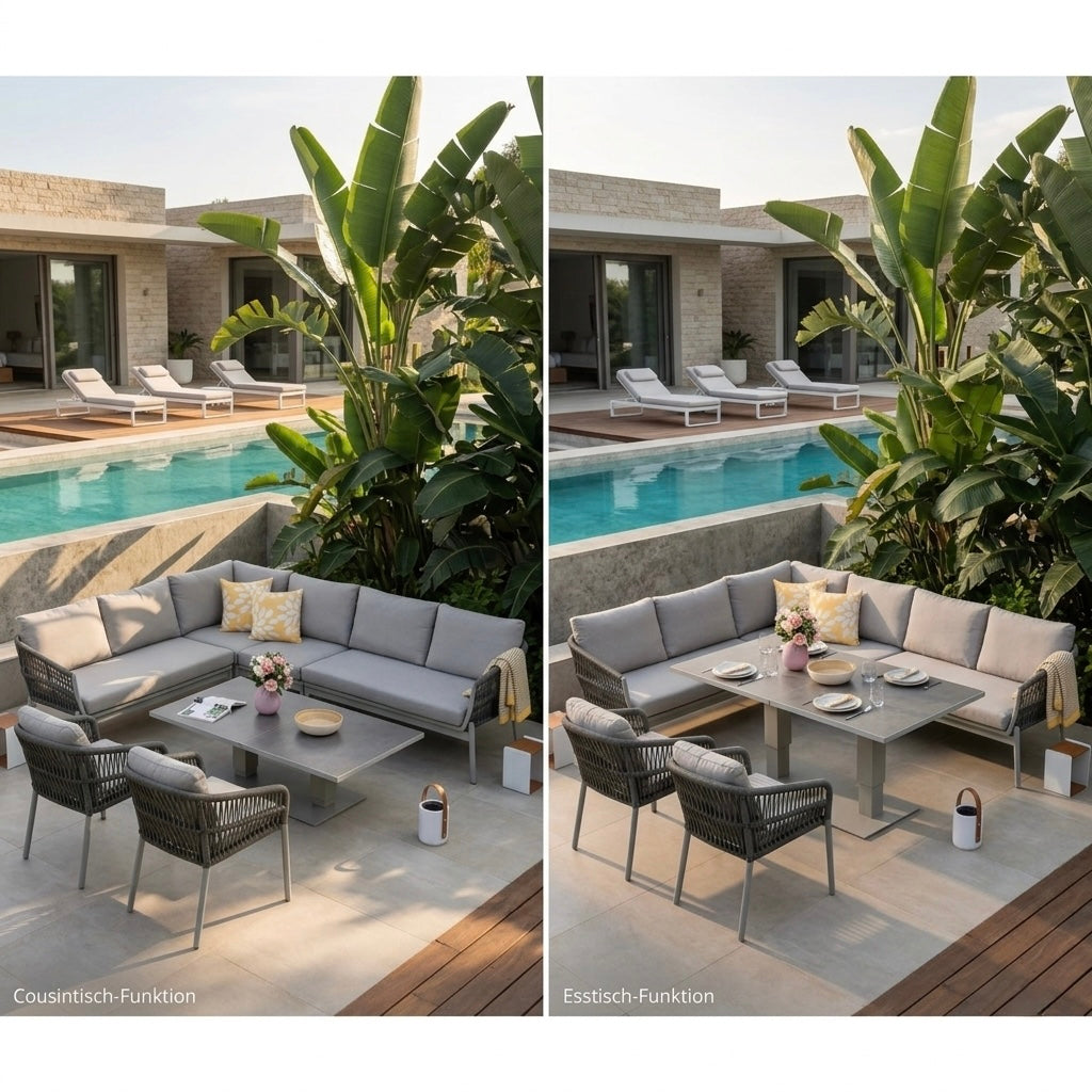 DAS HIGHLIGHT! Gartenlounge Solara inkl. Lift-Tisch / Loungetisch oder Esstisch? Du entscheidest per Knopfdruck!