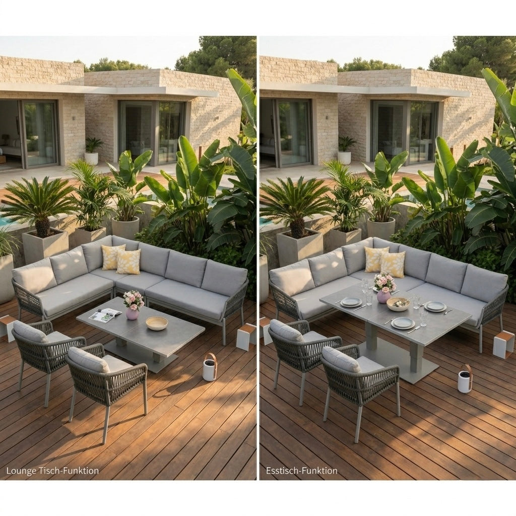 DAS HIGHLIGHT! Gartenlounge Solara inkl. Lift-Tisch / Loungetisch oder Esstisch? Du entscheidest per Knopfdruck!