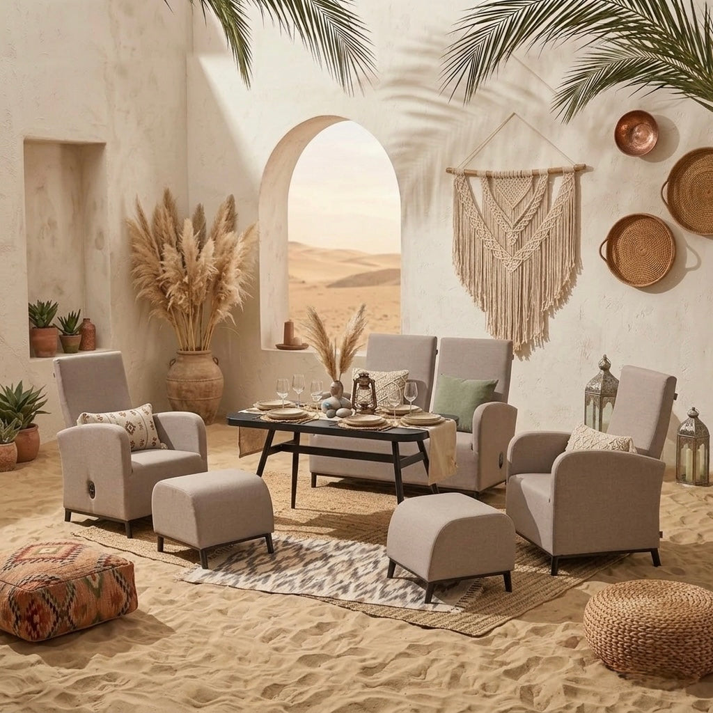 ☀️ AUS DER AUSSTELLUNG ☀️ Outdoor Dining Lounge Set Oasis 100% wetterfest LIKA-TEX® Bezug sand (natur) / Rücken verstellbar