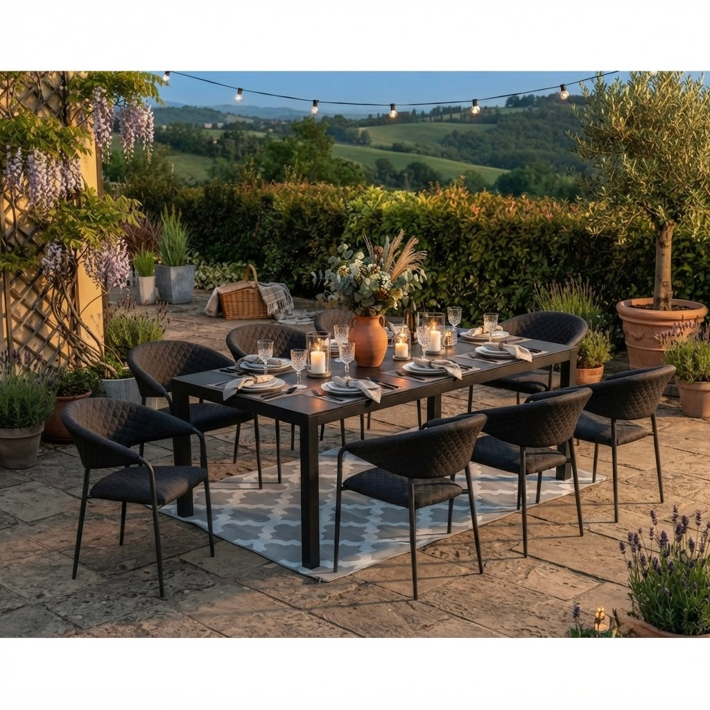 SUMMER SALE ☀️⛱️🏝️ Essgruppe Puro - bestehend aus: Tisch Luna Stellar + 8 x Stapelsessel Puro 100% wetterfest LIKA-TEX® Bezug Lava