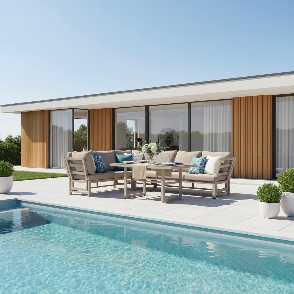 Outdoor Dining Lounge Set Dune 100% wetterfest LIKA-TEX® Bezug in Sand / de luxe Liegefunktion