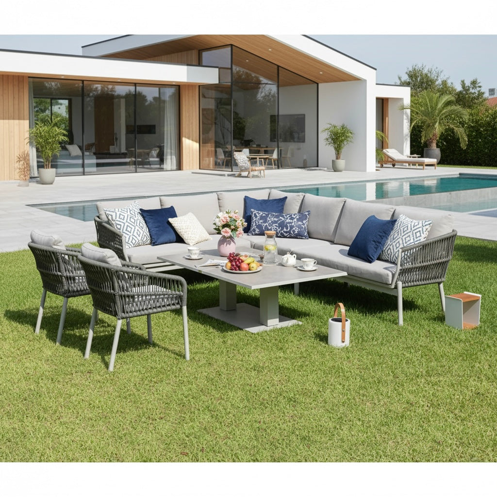XXL Luxus: Aluminium / Rope Dining Ecklounge Set Solara inkl. 2 Sessel & höhenverstellbare Tisch variabel stellbar
