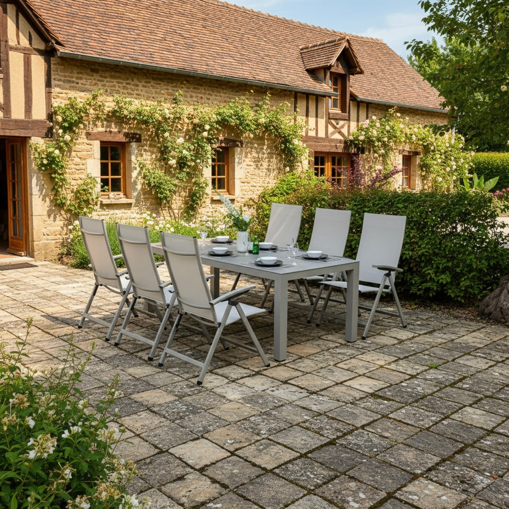 TRENDALARM: 7 tlg. Aluminium Essgruppe Madri + Avantage, bestehend aus: Tisch Madri + 6x Klappsessel Avantage creme beige / moon