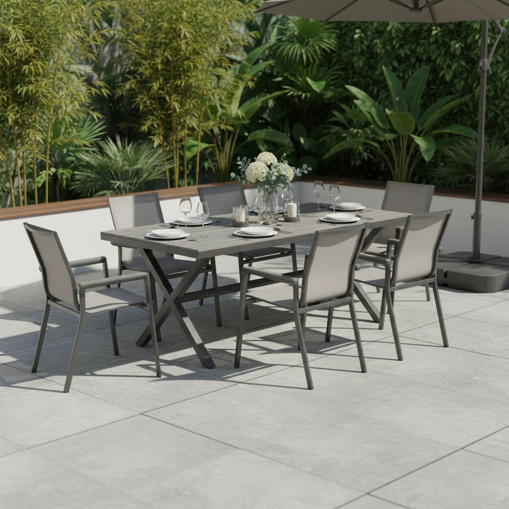 7 tlg. Essgruppe Meran shadow grey / Aluminium kombiniert mit Nonwood Royal Grey Look Elementen