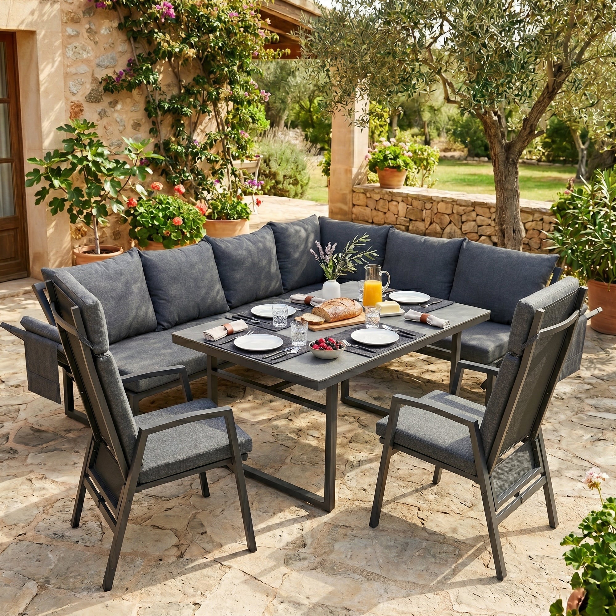 MADRI NERO SET UND 2 x ARCTIC MOVE SESSEL -Alu / Polyrope Cord Dining Ecklounge Set Madri Nero Deluxe 3in1 Funktion variabel stellbar absenkbare Armlehnen
